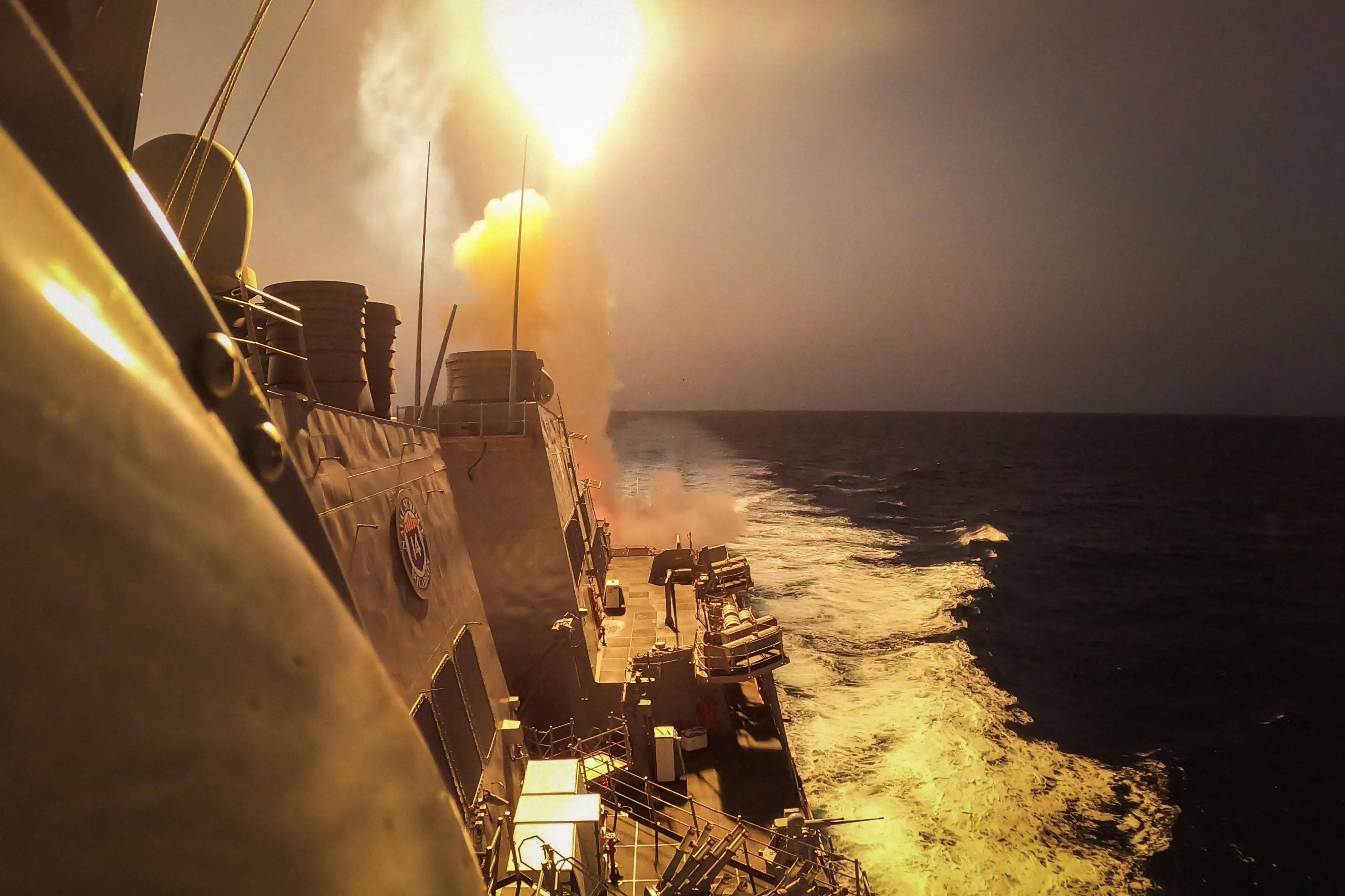 The Arleigh Burke-class guided-missile destroyer USS Carney (DDG 64) defeating a combination of Houthi missiles and unmanned aerial vehicles in the Red Sea. Photo: US Navy/AFP