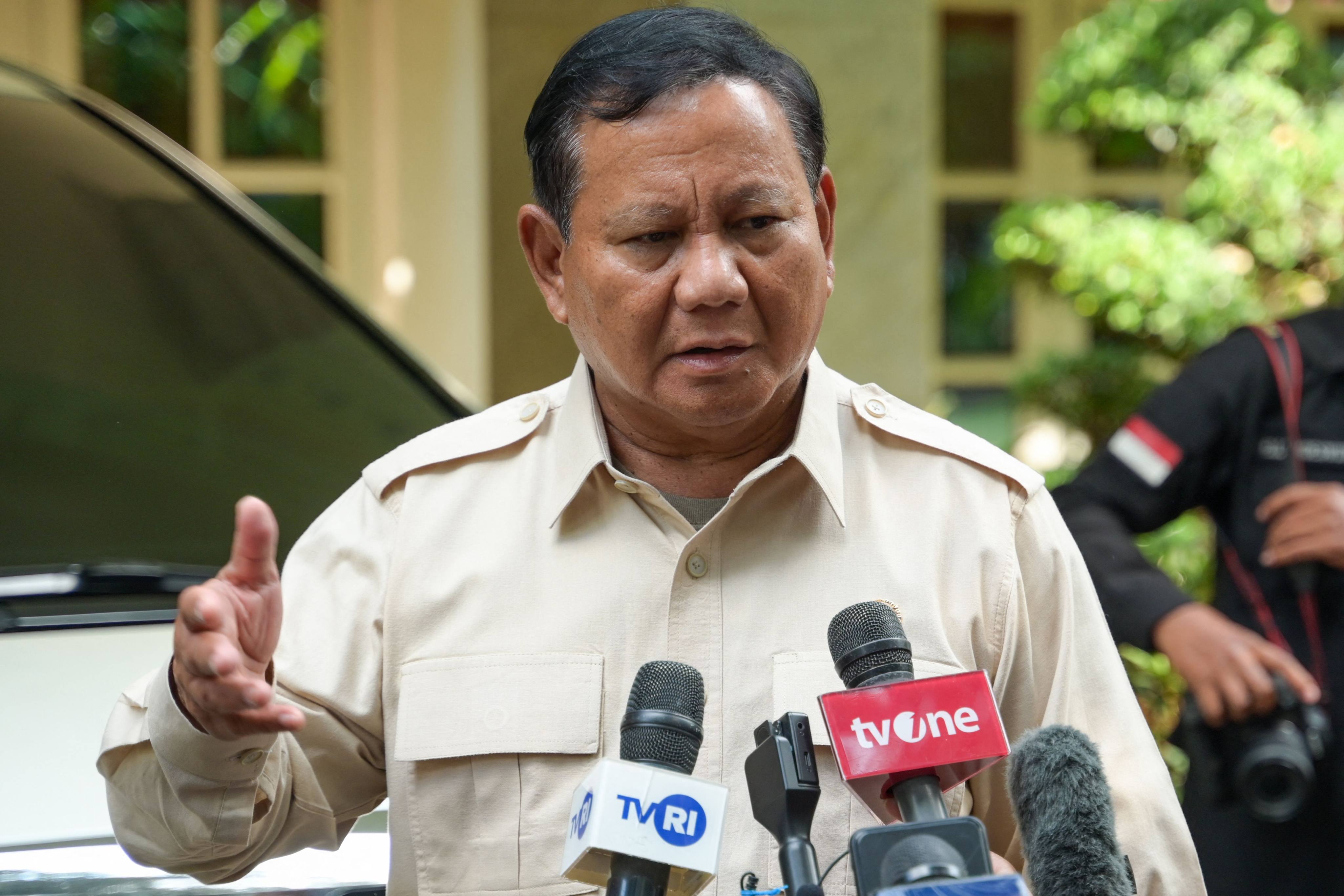 Indonesia’s Defence Minister and presidential candidate Prabowo Subianto speaking after his meeting with Australia’s Chief of the Defence Force General Angus Campbell in Jakarta on February 20, 2024. Photo: AFP