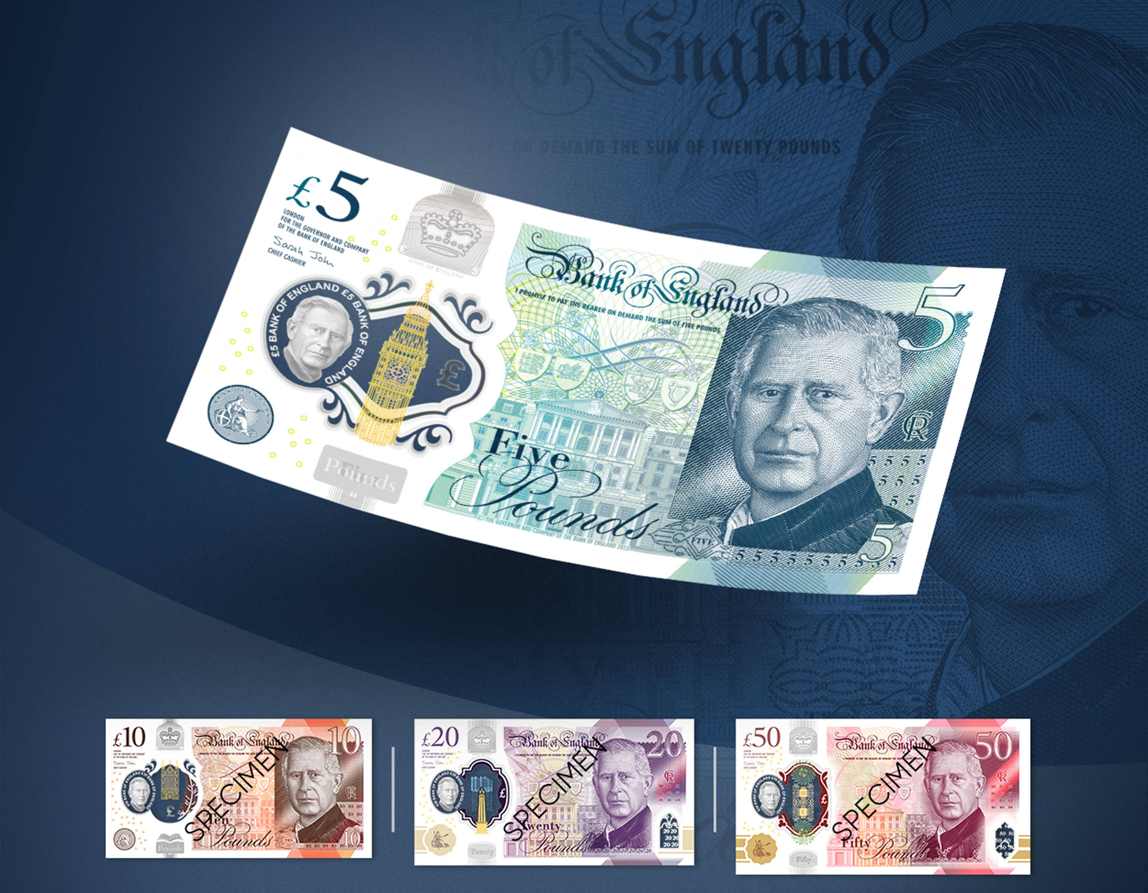 New polymer banknotes featuring Britain’s King Charles will enter circulation in June. Photo: Bank of England/AFP/Handout