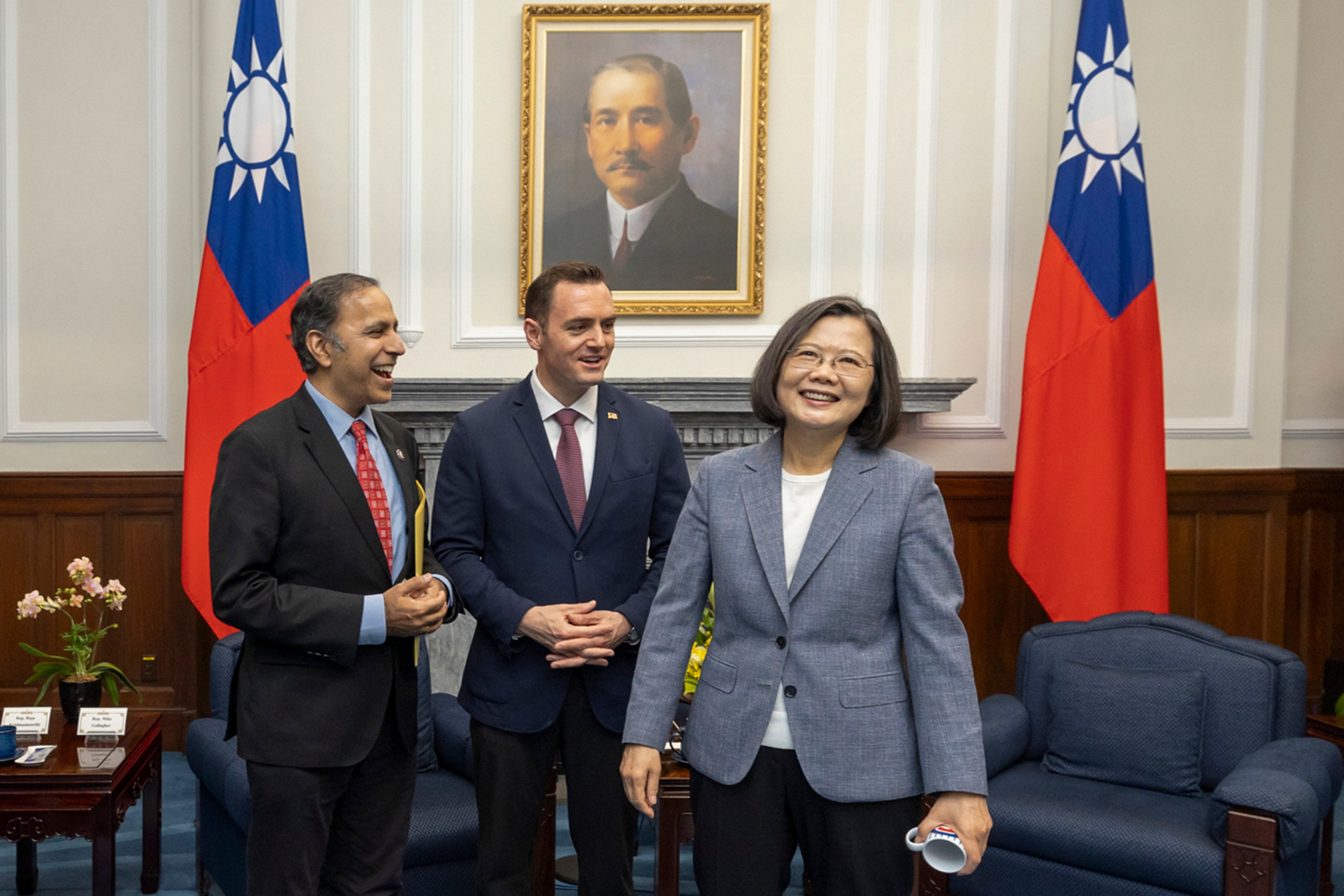 Tsai Ing-wen pictured with Mike Gallagher, the Republican chair of the House committee on the Chinese Communist Party (centre) and Democrat Raja Krishnamoorthi (left).
Photo: Taiwan Presidential Office via AP