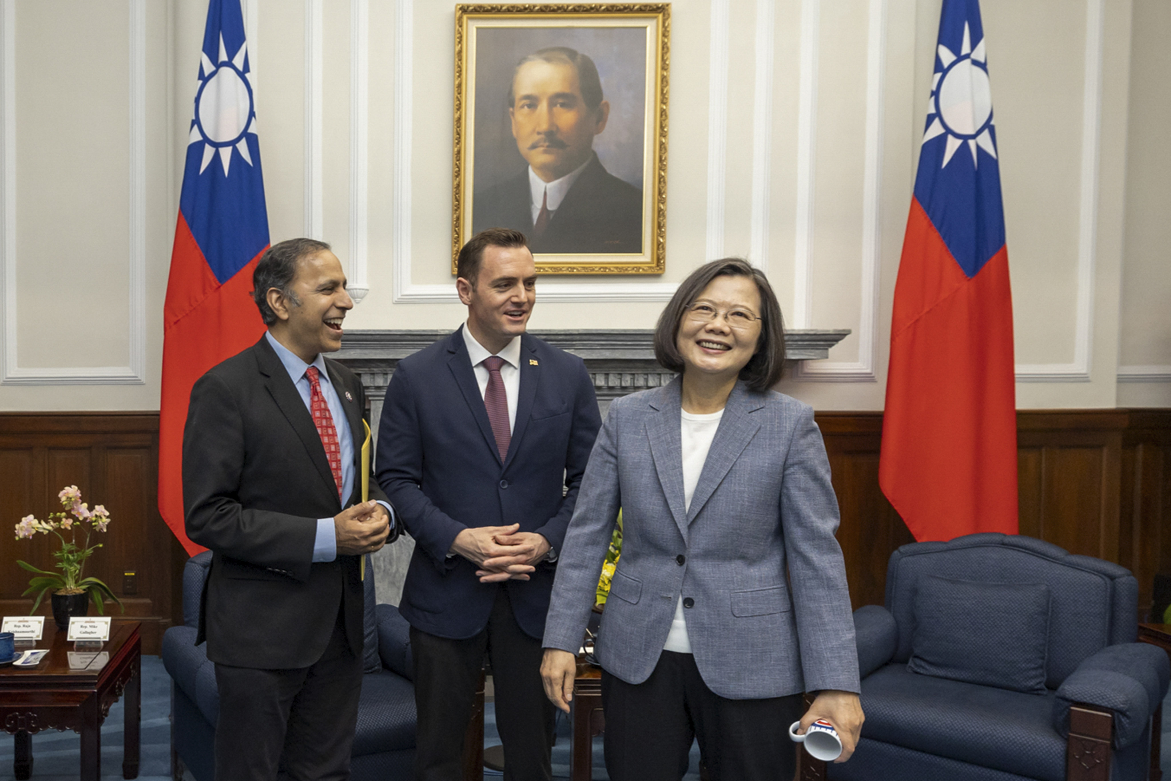 Tsai Ing-wen pictured with Mike Gallagher, the Republican chair of the House committee on the Chinese Communist Party (centre) and Democrat Raja Krishnamoorthi (left).
Photo: Taiwan Presidential Office via AP