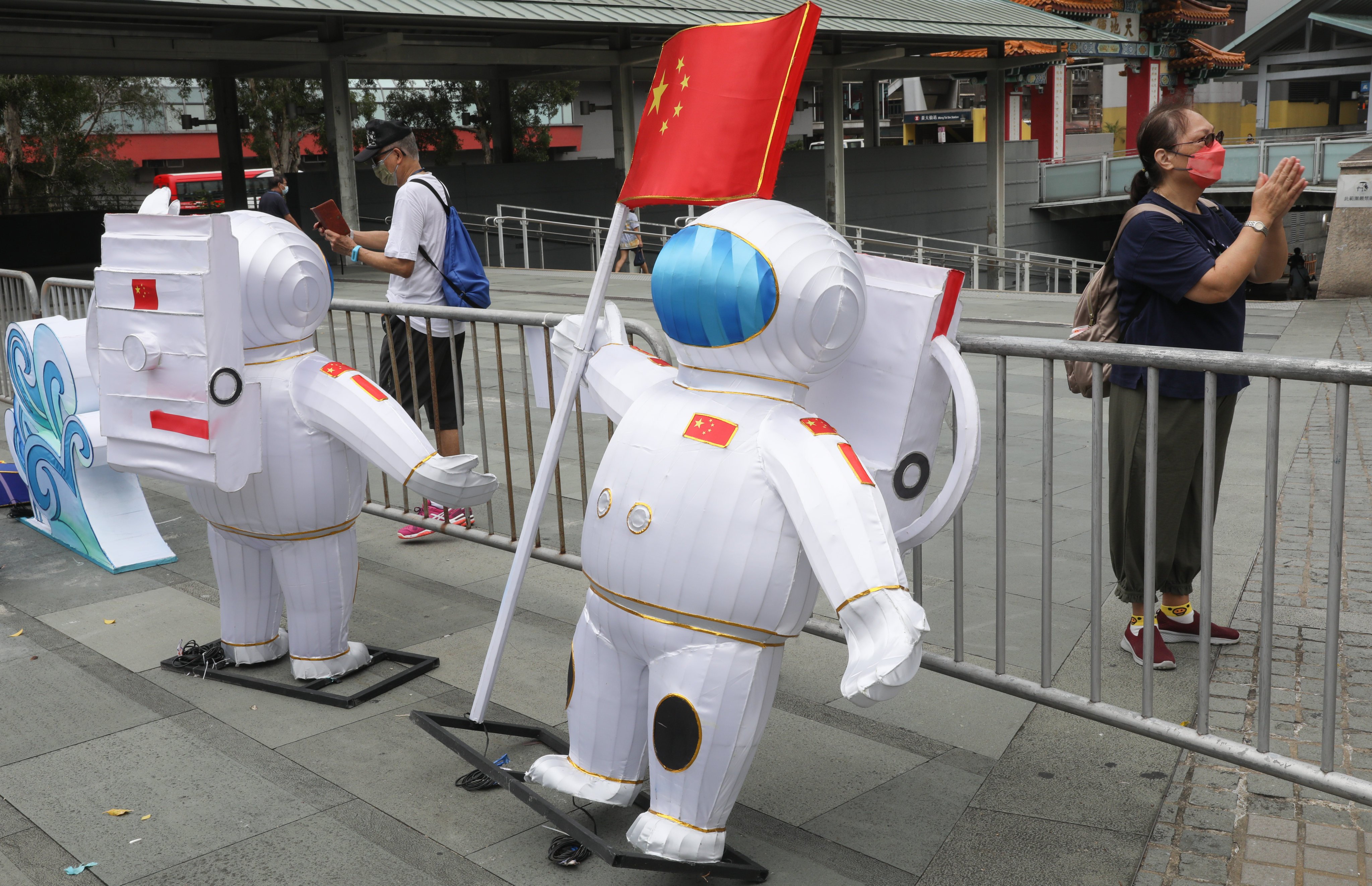 Chinese astronaut decorations are seen outside Wong Tai Sin Temple in Hong Kong on September 6, 2022. Photo: Yik Yeung-man