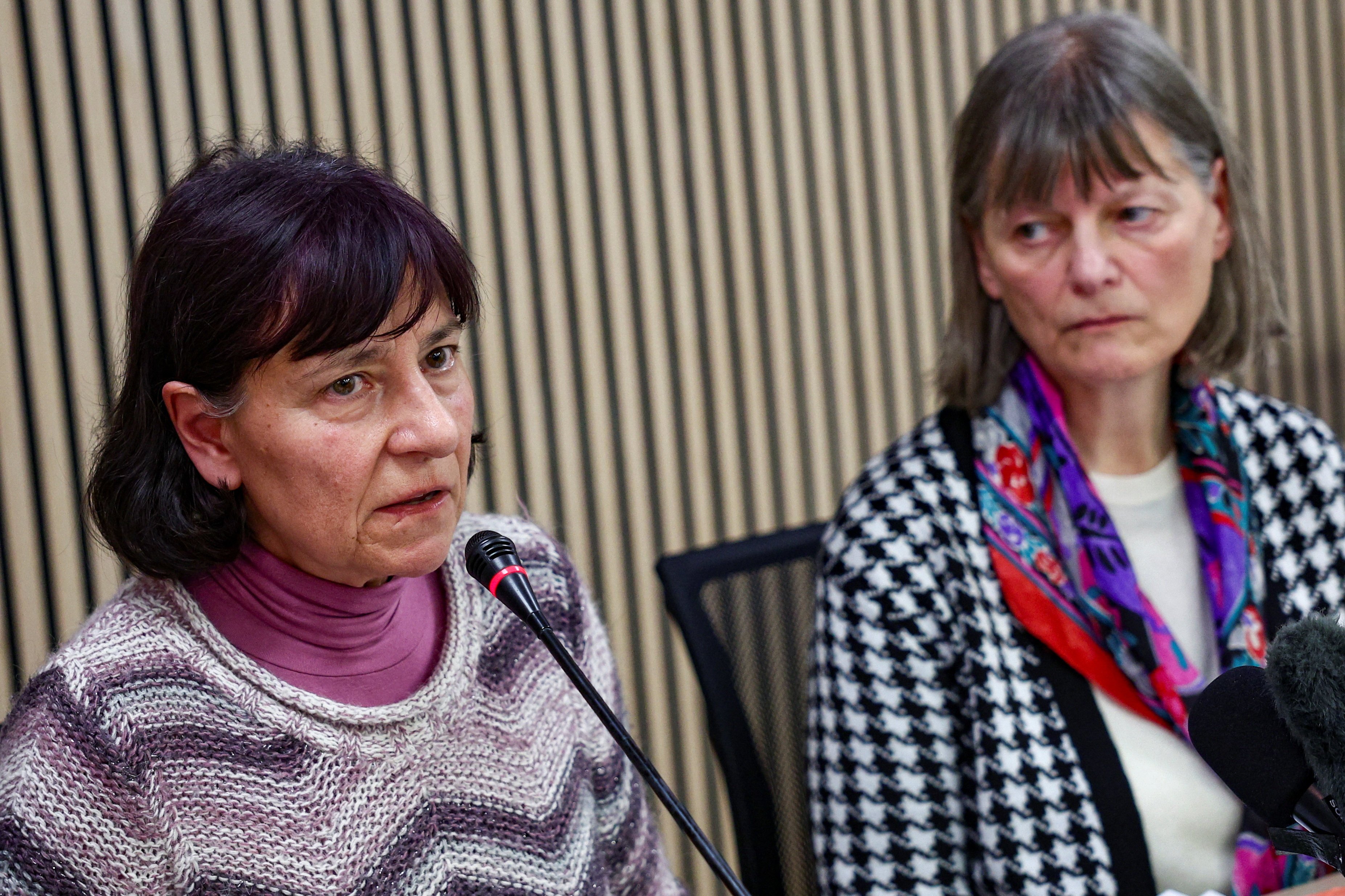 Former religious sisters Gloria Branciani (left) and Mirjam Kovac, who have accused Marko Rupnik of sex abuse, appear publicly for the first time at a press conference in Rome on Wednesday. Photo: Reuters