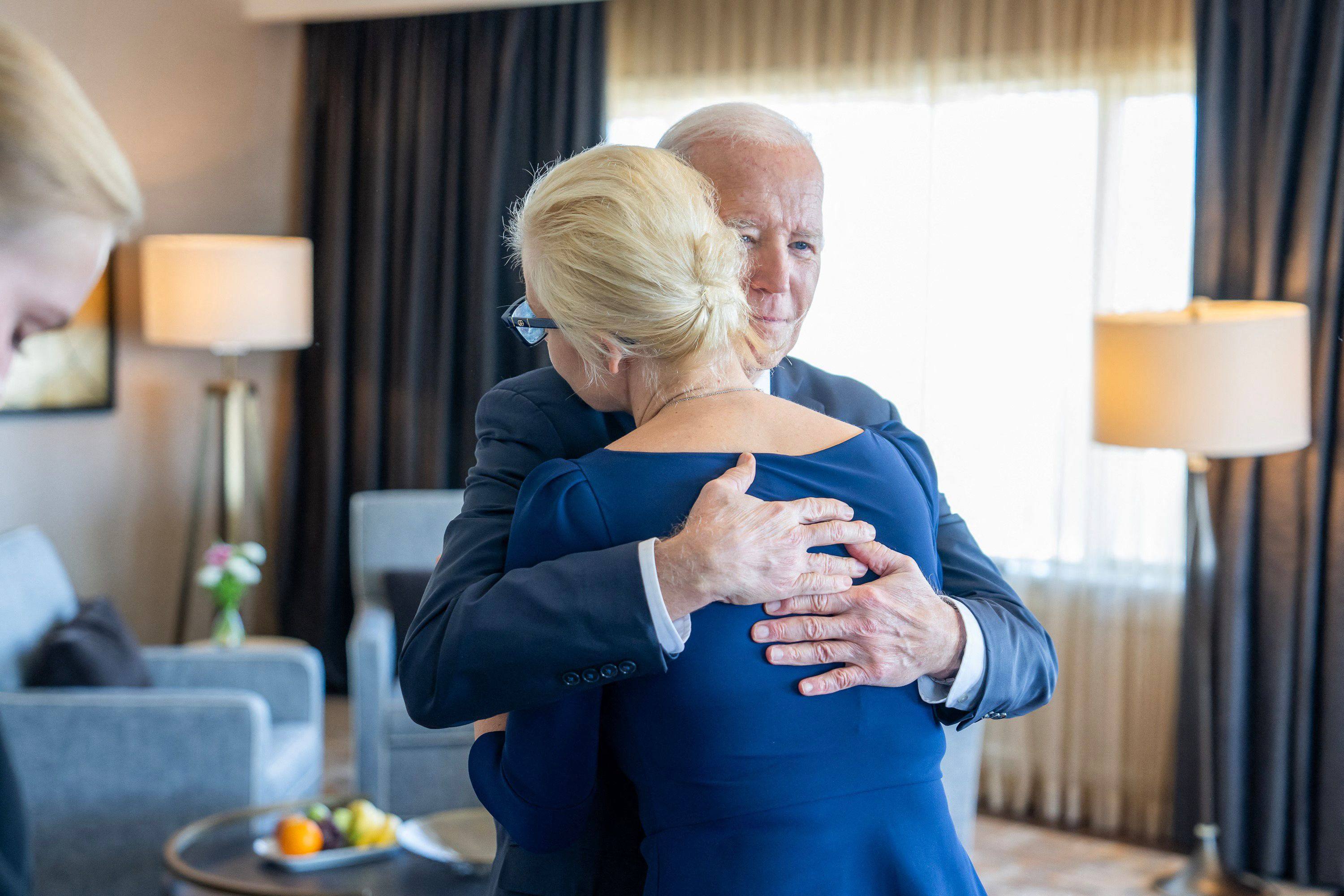 US President Joe Biden hugs Yulia Navalnaya, widow of Russian opposition leader Alexei Navalny, in San Francisco. Photo: White House via AFP