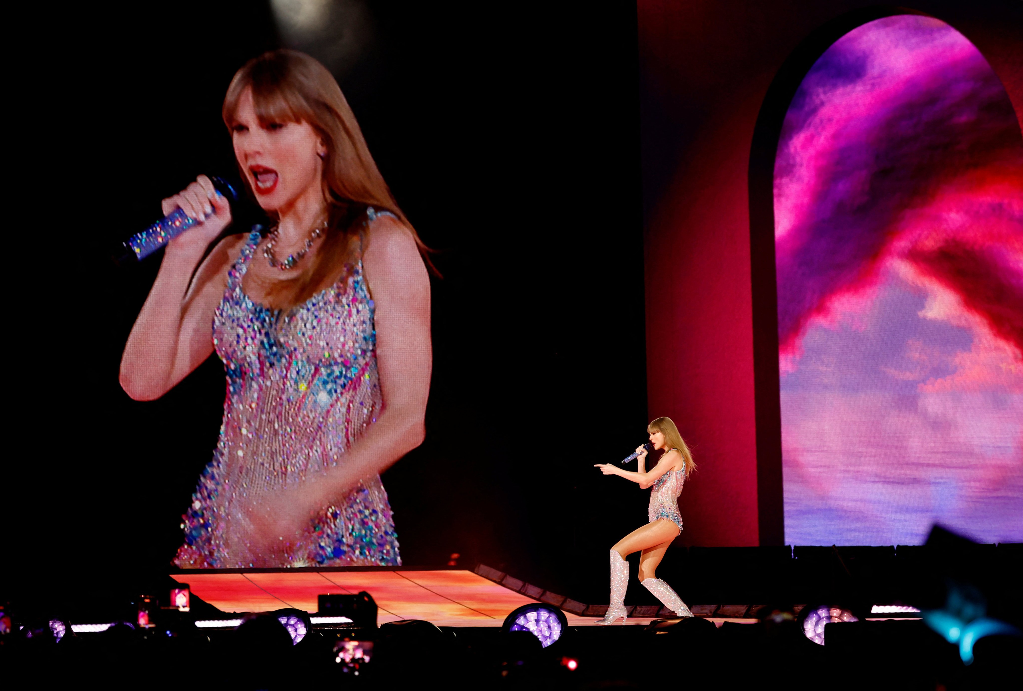 Singer Taylor Swift performs at her concert for the international “The Eras Tour” in Tokyo on February 7. Photo: Reuters