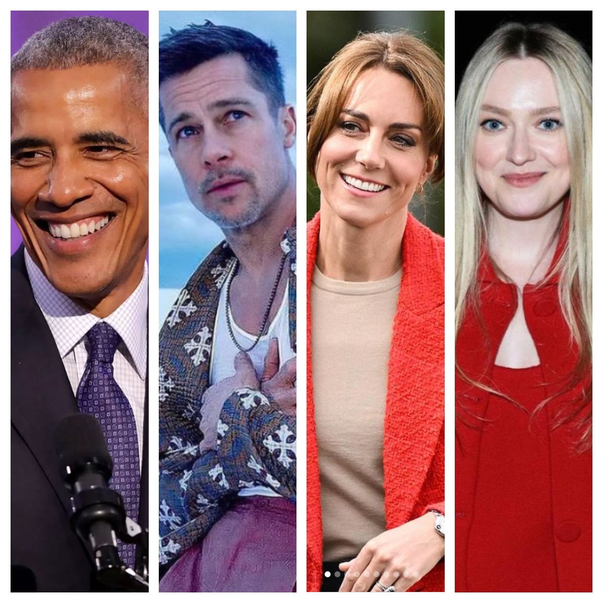 Barack Obama and Brad Pitt have a common ancestor, while Kate Middleton and Dakota Fanning are both descendants of King Edward III. Photos: @blackinformationnetwork, @bradpittofflcial, @hrh_princesscatherineofwales, @fanningoutfit/Instagram