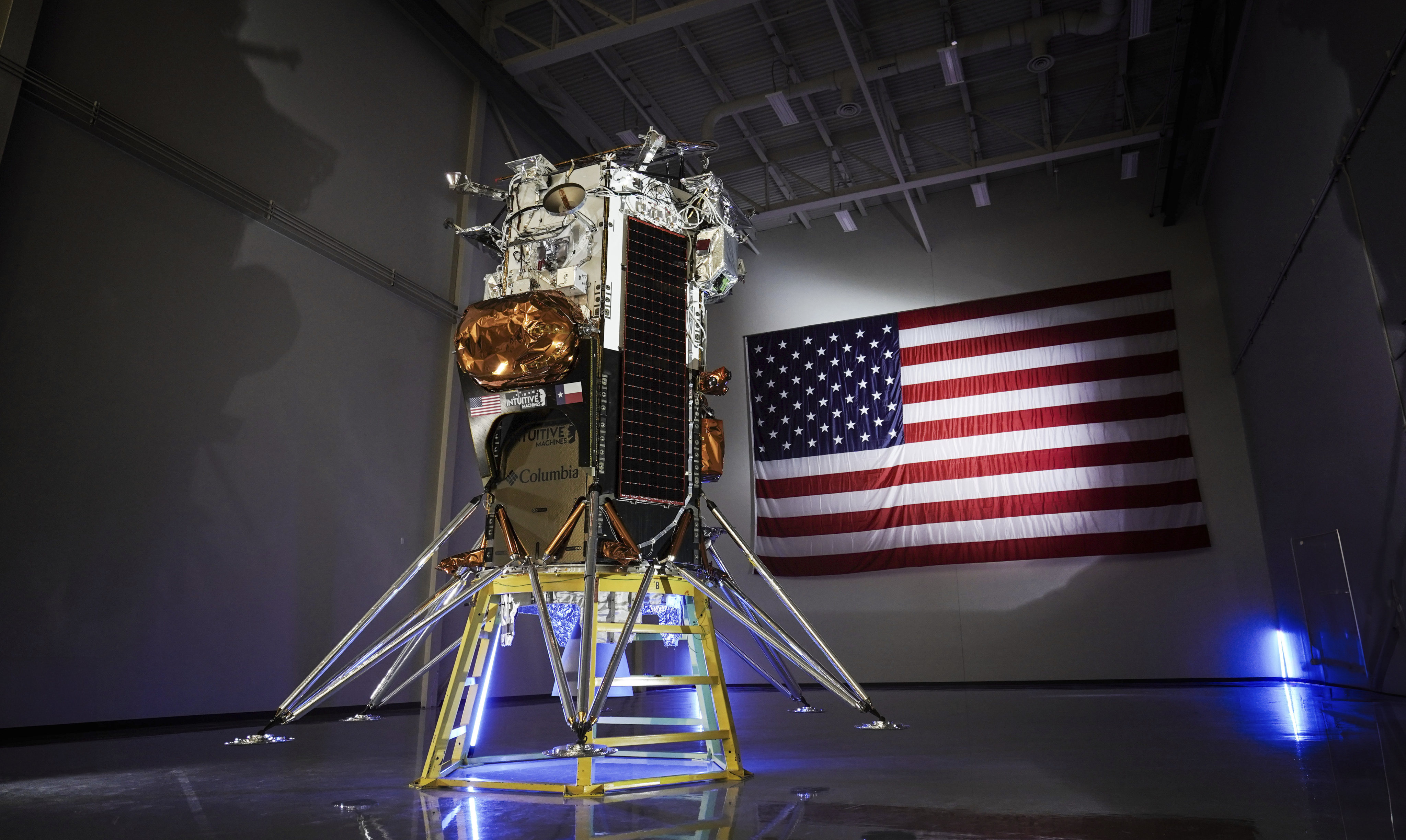 The Intuitive Machines IM-1 Nova-C lunar lander is seen in Houston in October 2023. The company is sending sending commands to the craft to acquire data. Photo: Intuitive Machines via AP, File