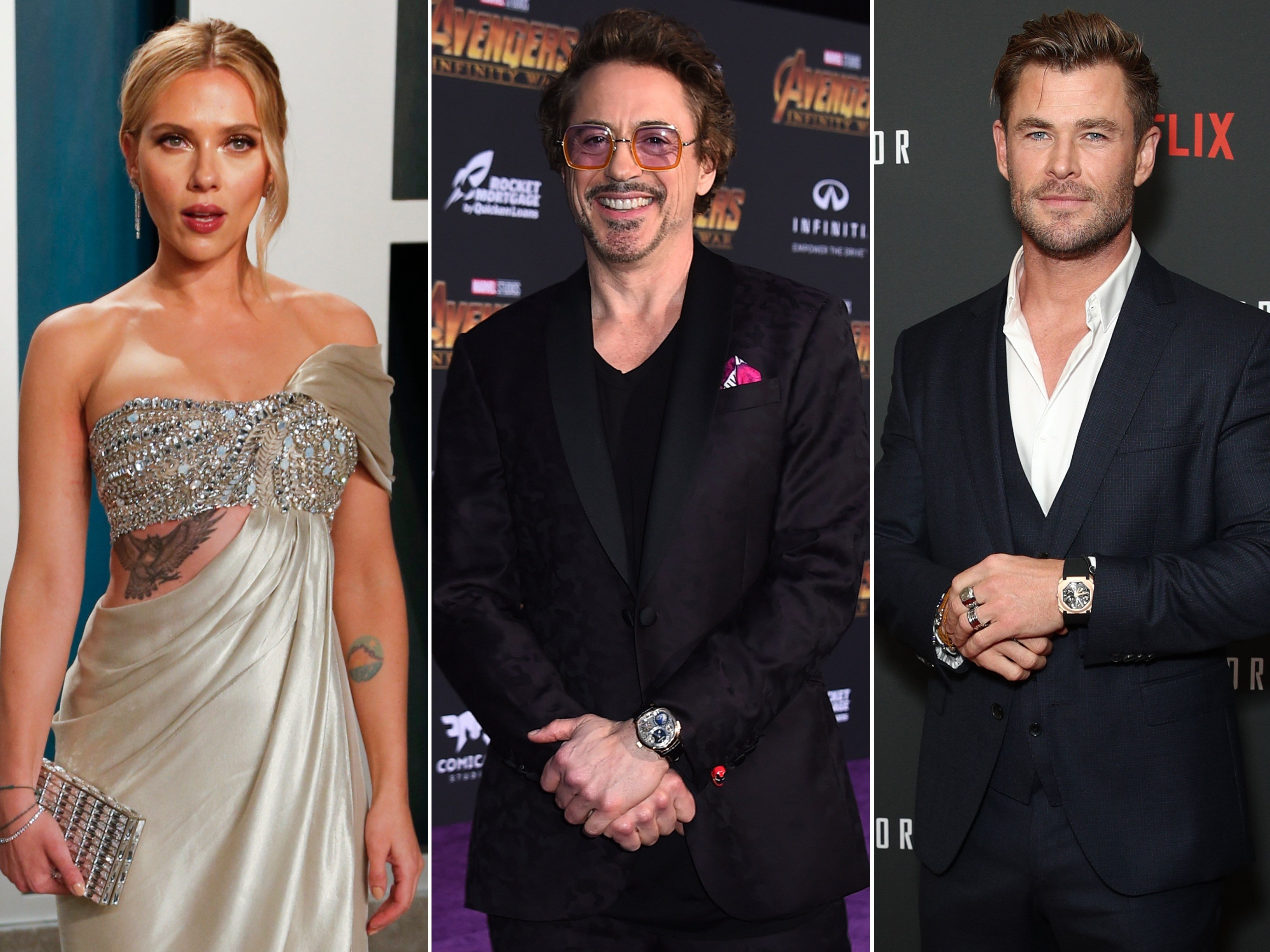 Scarlett Johansson, Robert Downey Jr and Chris Hemsworth have made millions thanks to their Marvel roles. Photos: AP, WireImage, EPA