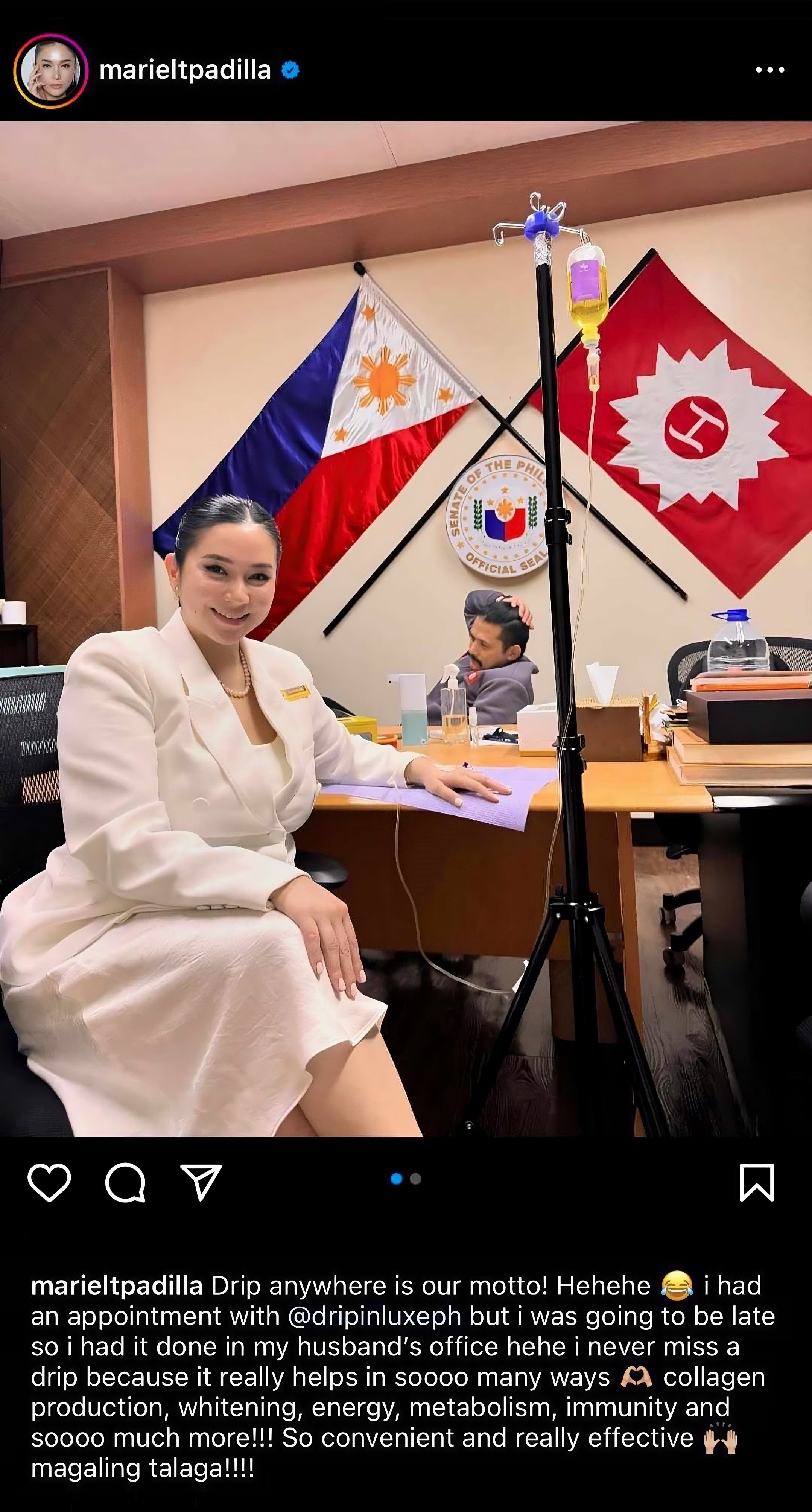 Mariel Padilla is seen hooked up to an intravenous drip in the office of her husband, Philippine Senator Robin Padilla, in this screengrab of her since-deleted Instagram post. Photo: Instagram/marieltpadilla