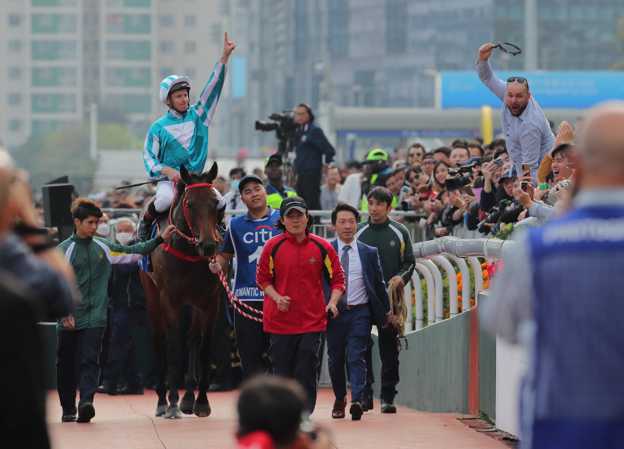 James McDonald salutes the crowd after steering Romantic Warrior to Group One Gold Cup (2,000m) victory.