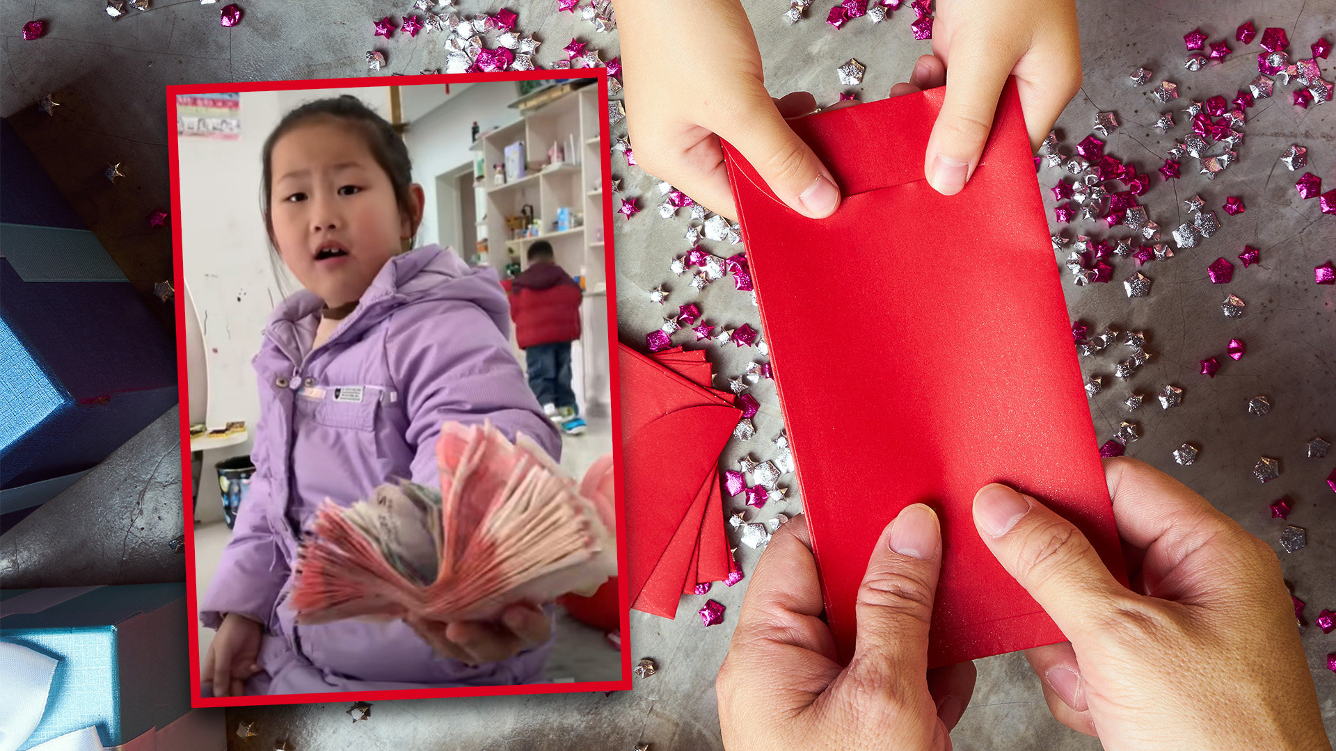 A seven-year-old girl in China who tried to give her mother the US$900 in “lucky money” she received from relatives as a gift of thanks for raising her and her younger brother has melted hearts on mainland social media. Photo: SCMP composite/Shutterstock/Douyin