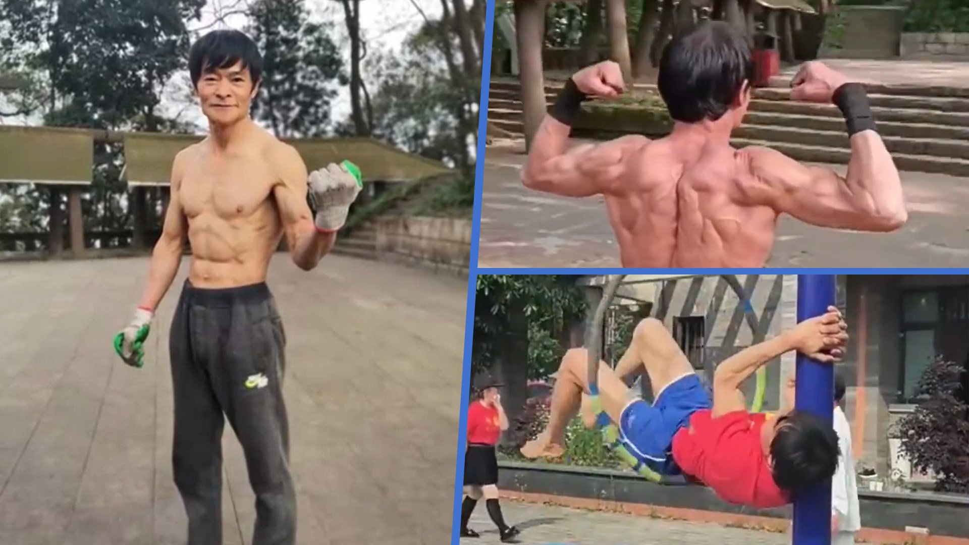 A 70-year-old grandfather in China has wowed people on mainland social media with a punishing daily exercise regime which has left him with the looks and attitude of a young man. Photo: SCMP composite/Weibo