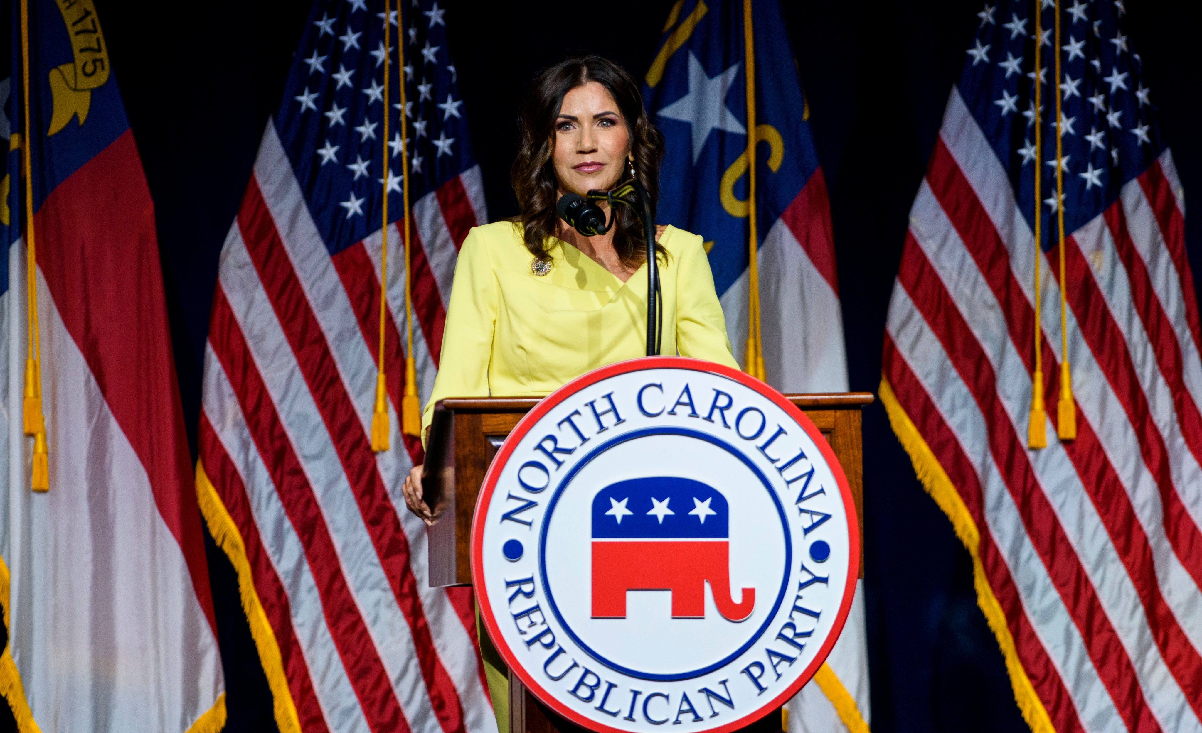 South Dakota Governor Kristi Noem speaks to attendees at the North Carolina GOP convention in June 2021, in Greenville, North Carolina. Photo: Getty Images