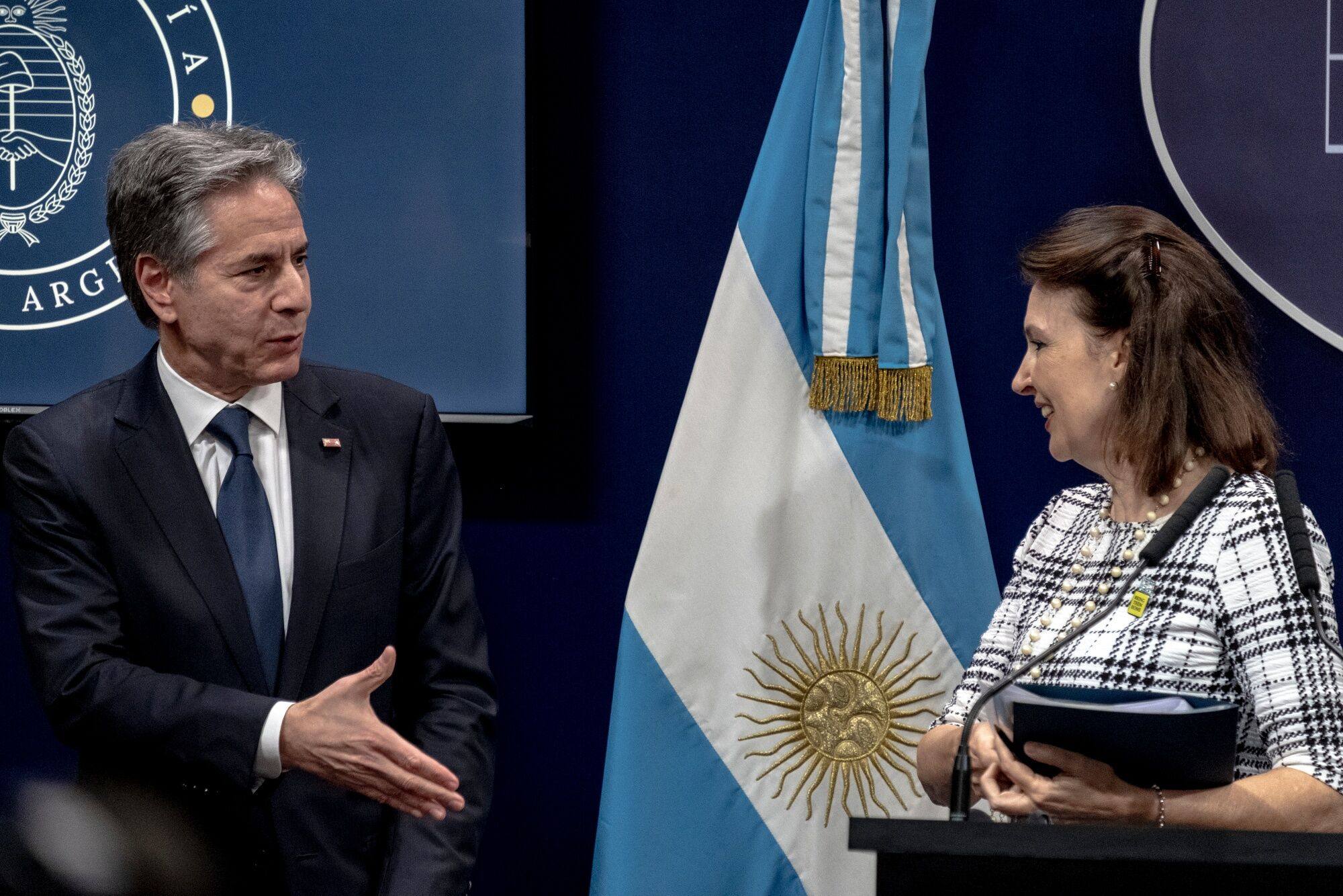 US Secretary of State Antony Blinken (left) and Argentine Foreign Minister Diana Mondino presiding at a press conference in Buenos Aires on Friday. Photo: Bloomberg