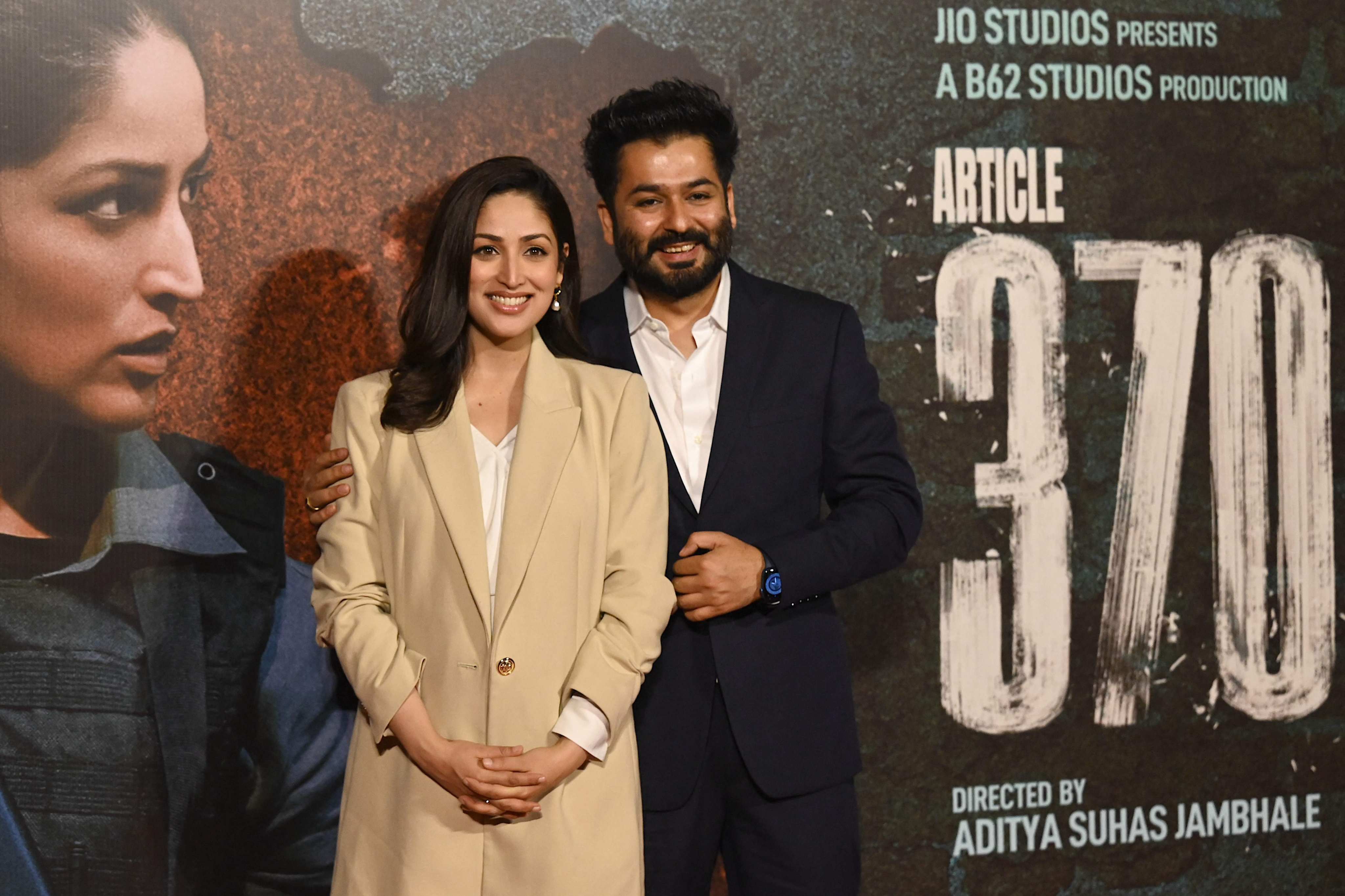 Bollywood actress Yami Gautam with her husband and director Aditya Dhar attend the trailer launch of their Hindi-language film “Article 370” in Mumbai on February 8. Photo: AFP