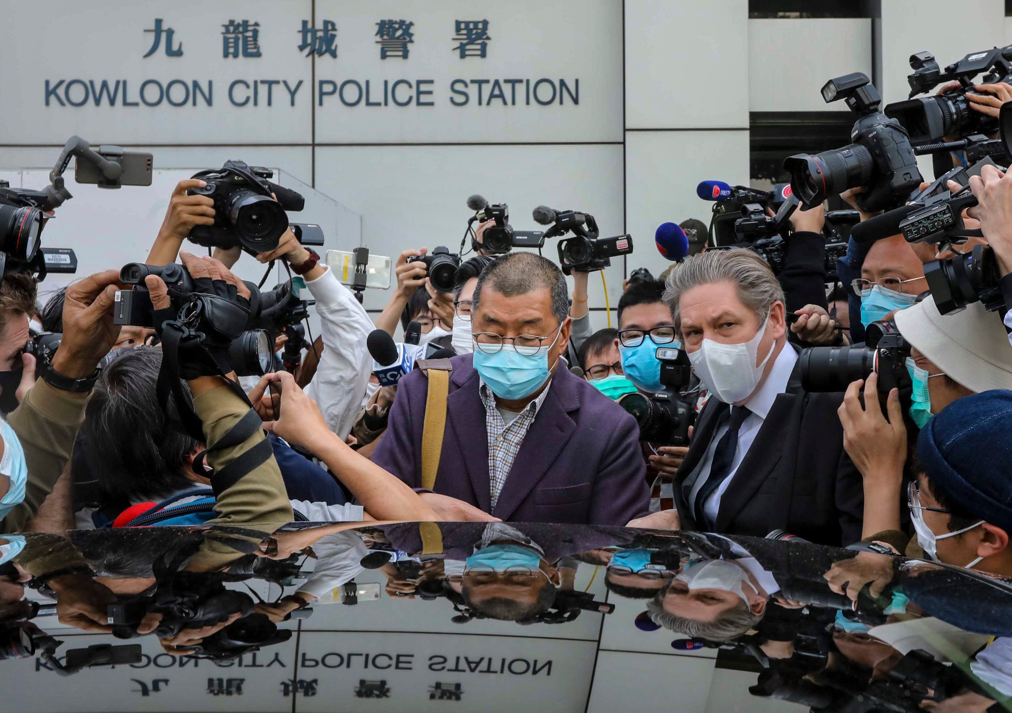 Media mogul Jimmy Lai (centre) outside Kowloon City police station in 2020. The tycoon is currently facing two conspiracy charges of collusion with foreign forces and another concerning sedition. Photo: Felix Wong