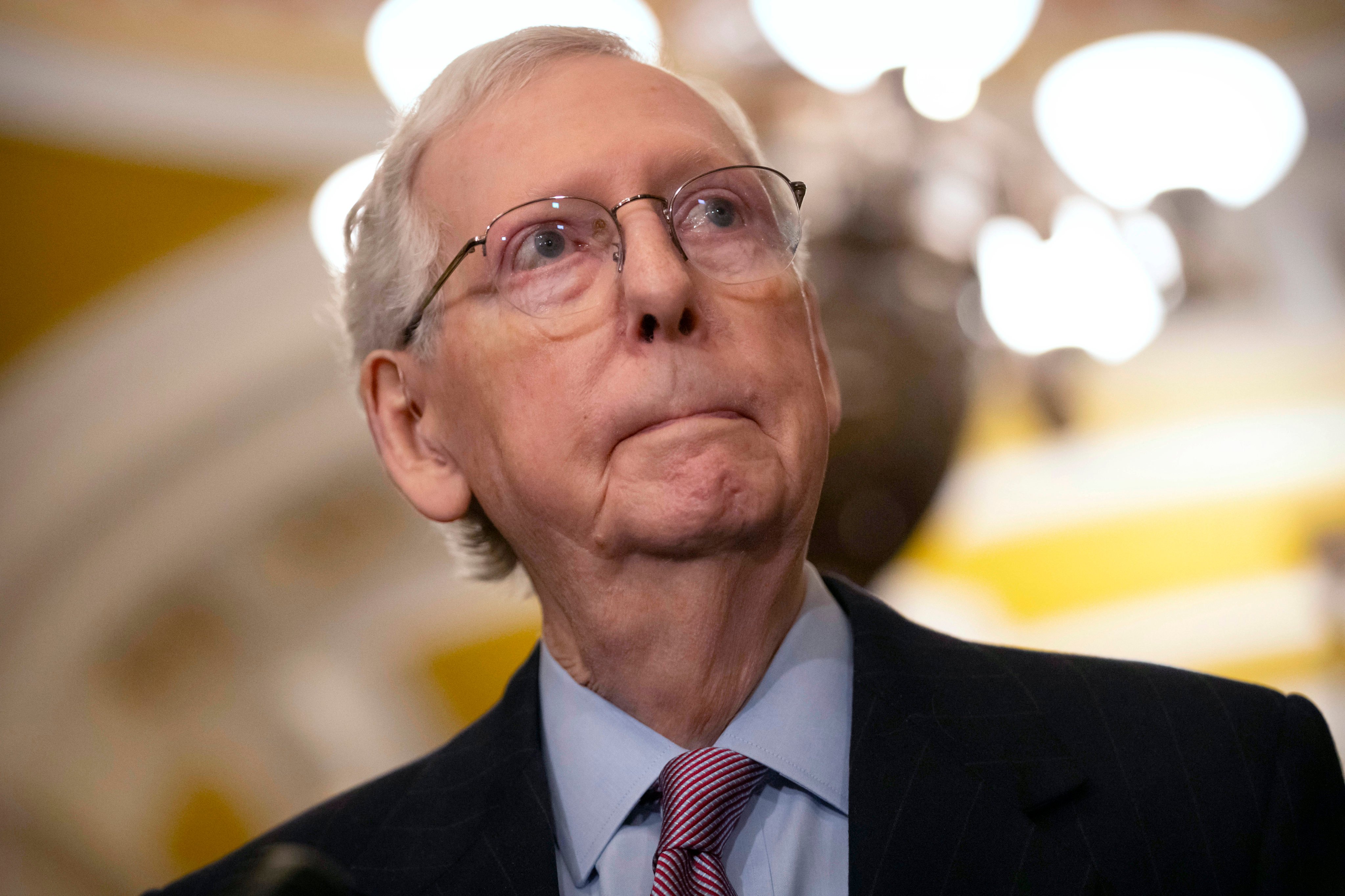 US Senate Minority Leader Mitch McConnell listens to a reporter’s question on Capitol Hill on Tuesday. Photo: AP