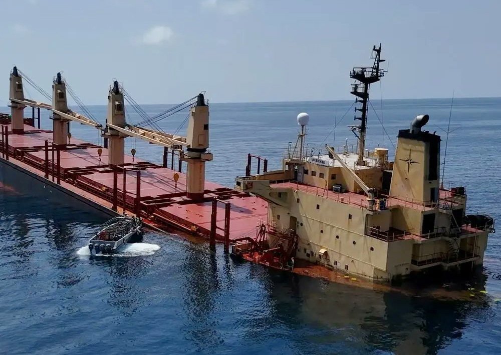 The British-registered cargo vessel Rubymar sinks after being damaged in a missile attack by Houthi militants in the Red Sea. Photo: EPA-EFE