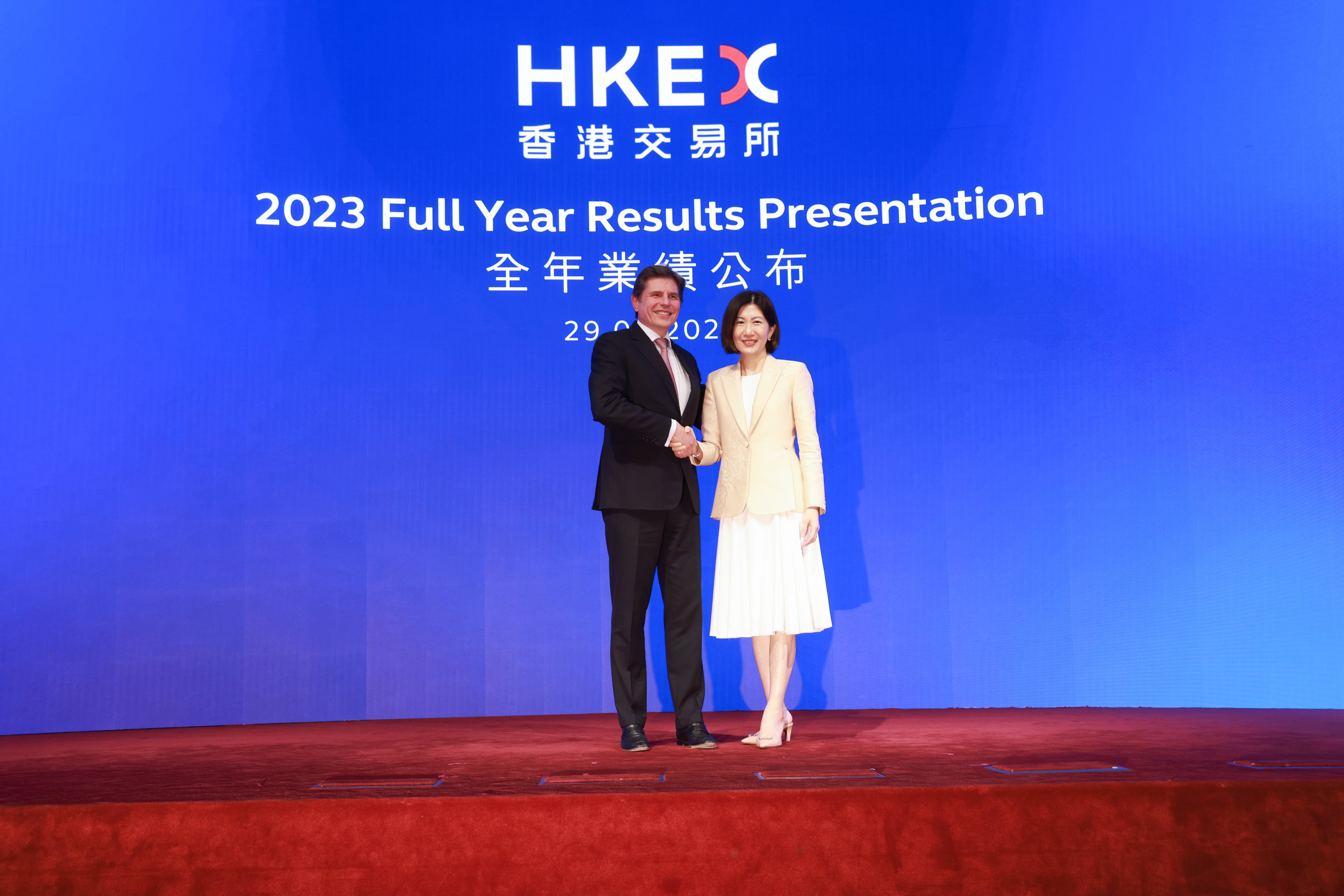 Nicolas Aguzin with Bonnie Chan, who is set to take over as HKEX CEO from March 1. Photo: May Tse