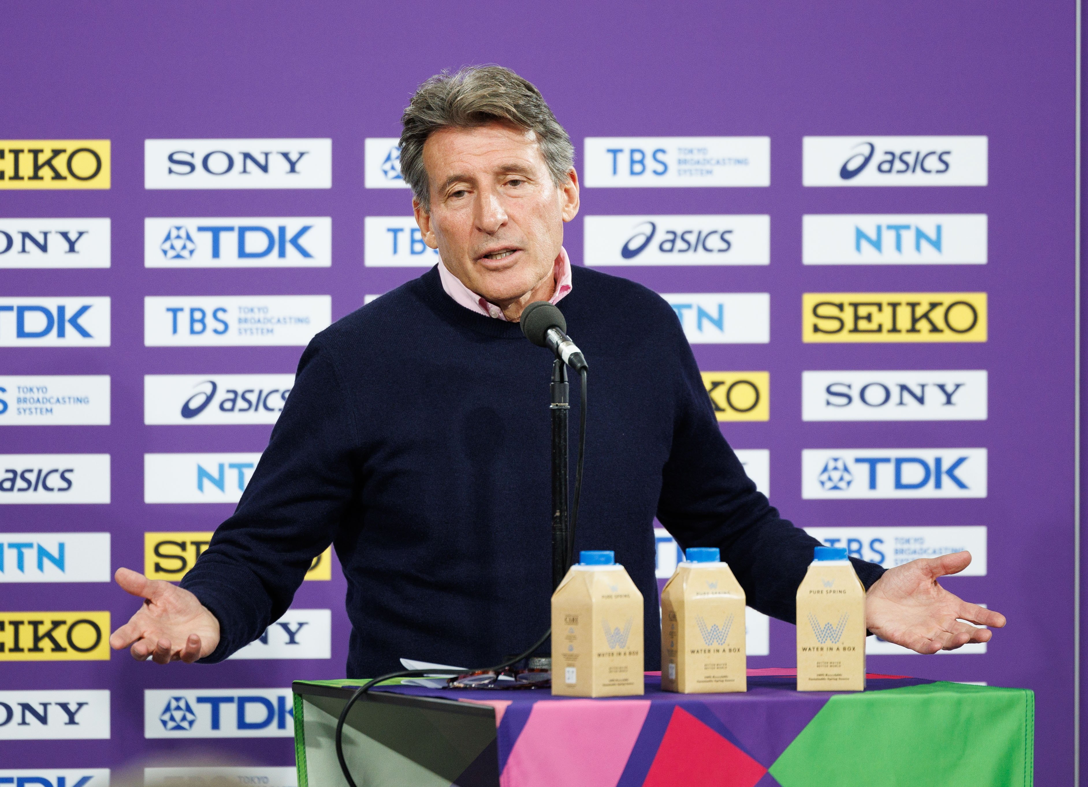 epa11188520 Sebastian Coe, World Athletics President, attends the World Athletics Indoor Championships Glasgow 24 press conference in Glasgow, Britain, 29 February 2024. The event will be held between 01–03 March at the Commonwealth Arena in Glasgow.  EPA-EFE/ROBERT PERRY