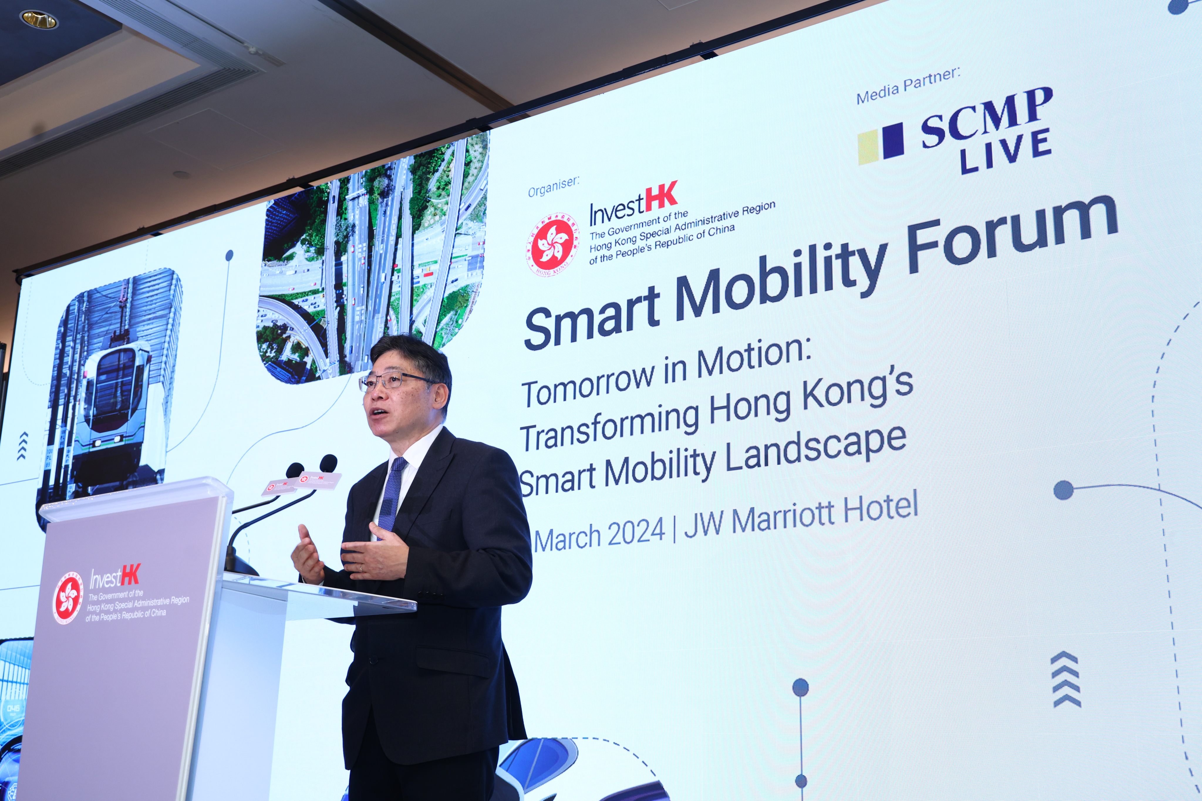 Hong Kong’s Secretary for Transport and Logistics, Lam Sai-hung, delivers his keynote address at the Smart Mobility Forum on March 1, 2024. Photo: SCMP Live