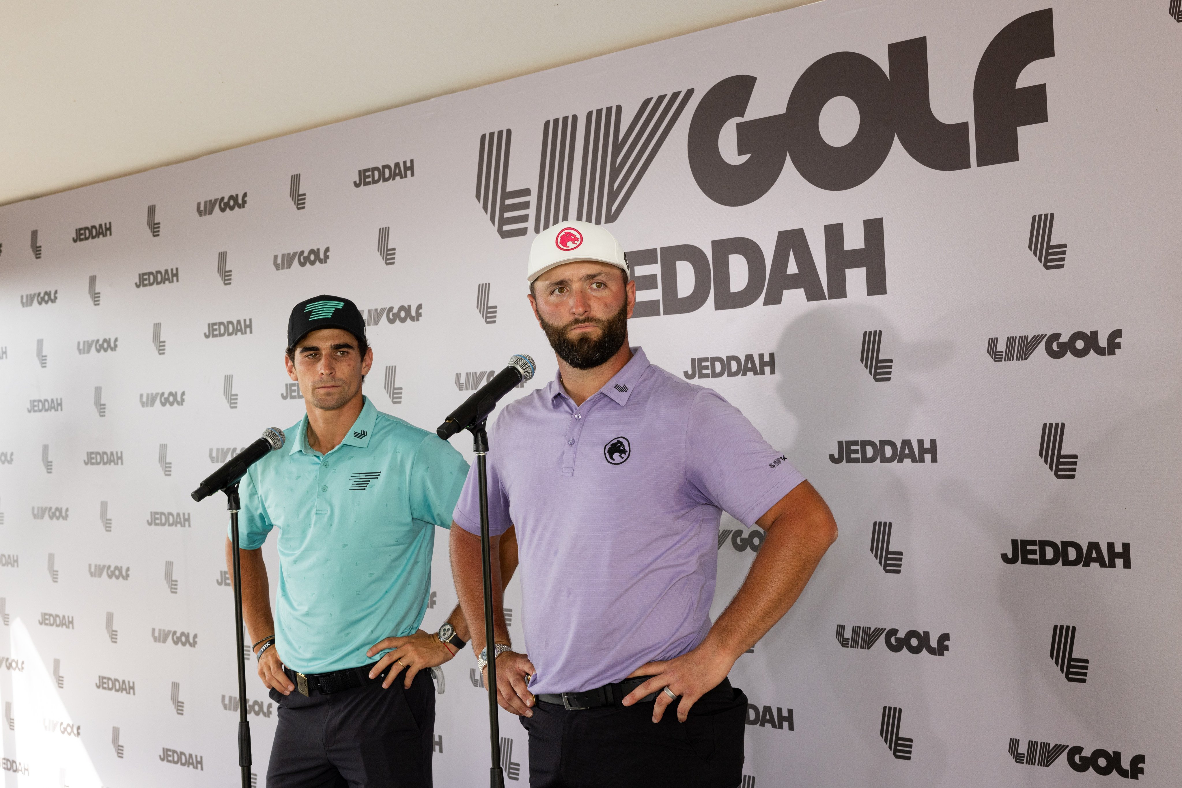 Captain Joaquín Niemann of Torque GC and Jon Rahm of Legion XIII GC speak to the media after the first round of LIV Golf Jeddah at the Royal Greens Golf & Country Club. Photo: LIV Golf