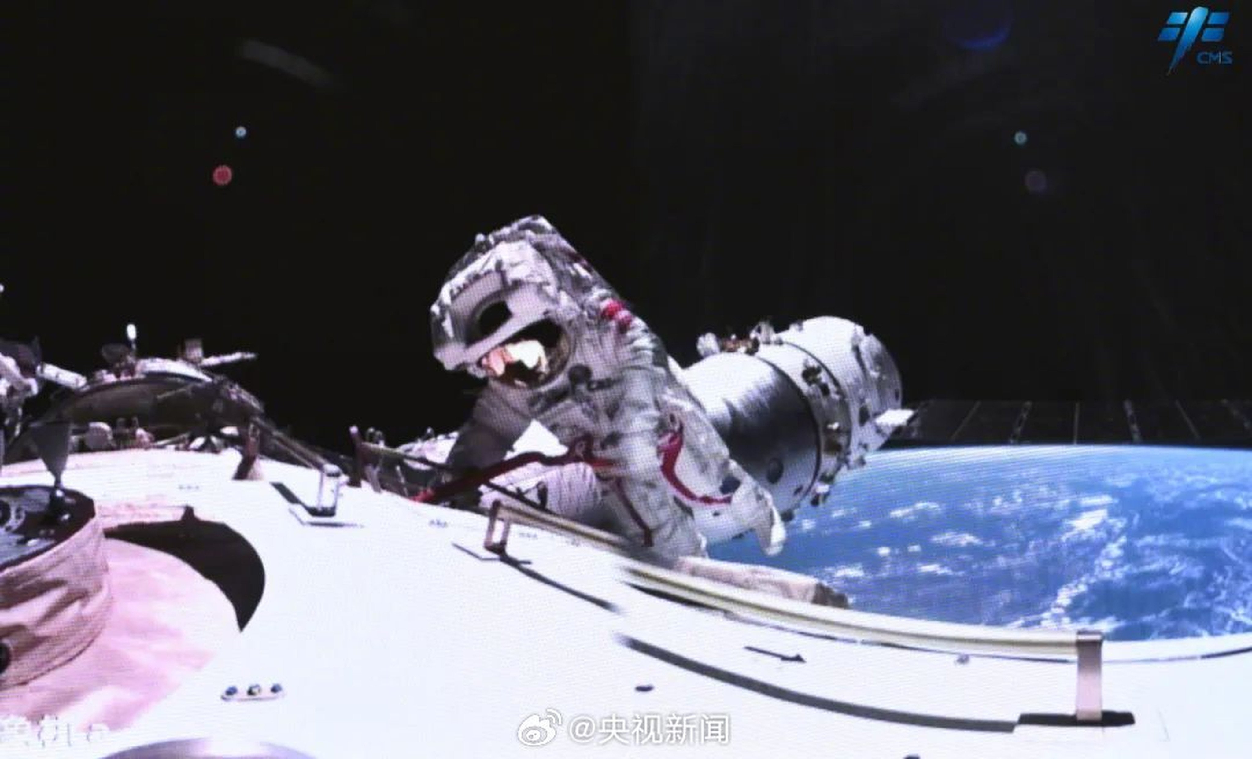 Two astronauts aboard China’s Tiangong space station suited up in an eight-hour mission to fix a damaged solar panel on Saturday. Photo: CCTV