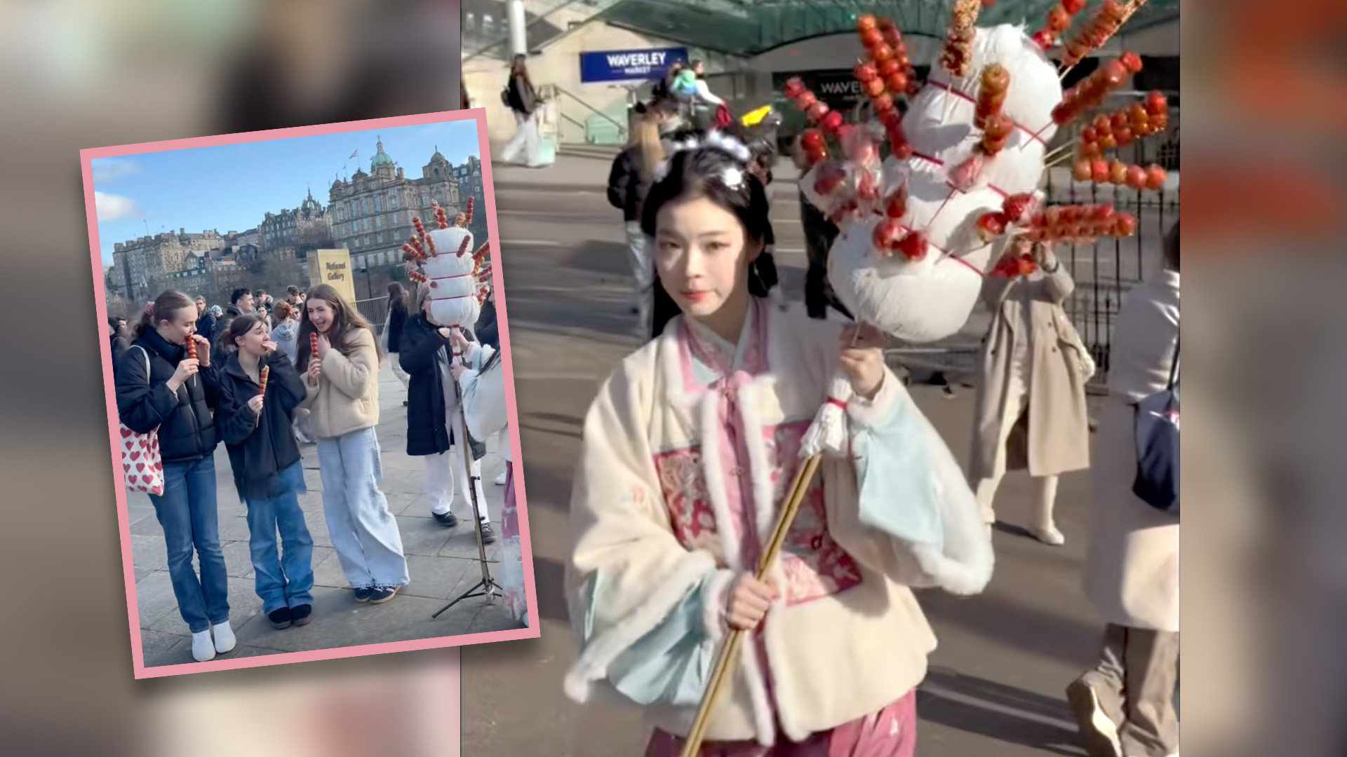 A traditional Hanfu-clad young student from China is making a mark in London by handing out the types of snacks she enjoyed as a child growing up to passers-by in a bid to spread Chinese culture. Photo: SCMP composite/Douyin