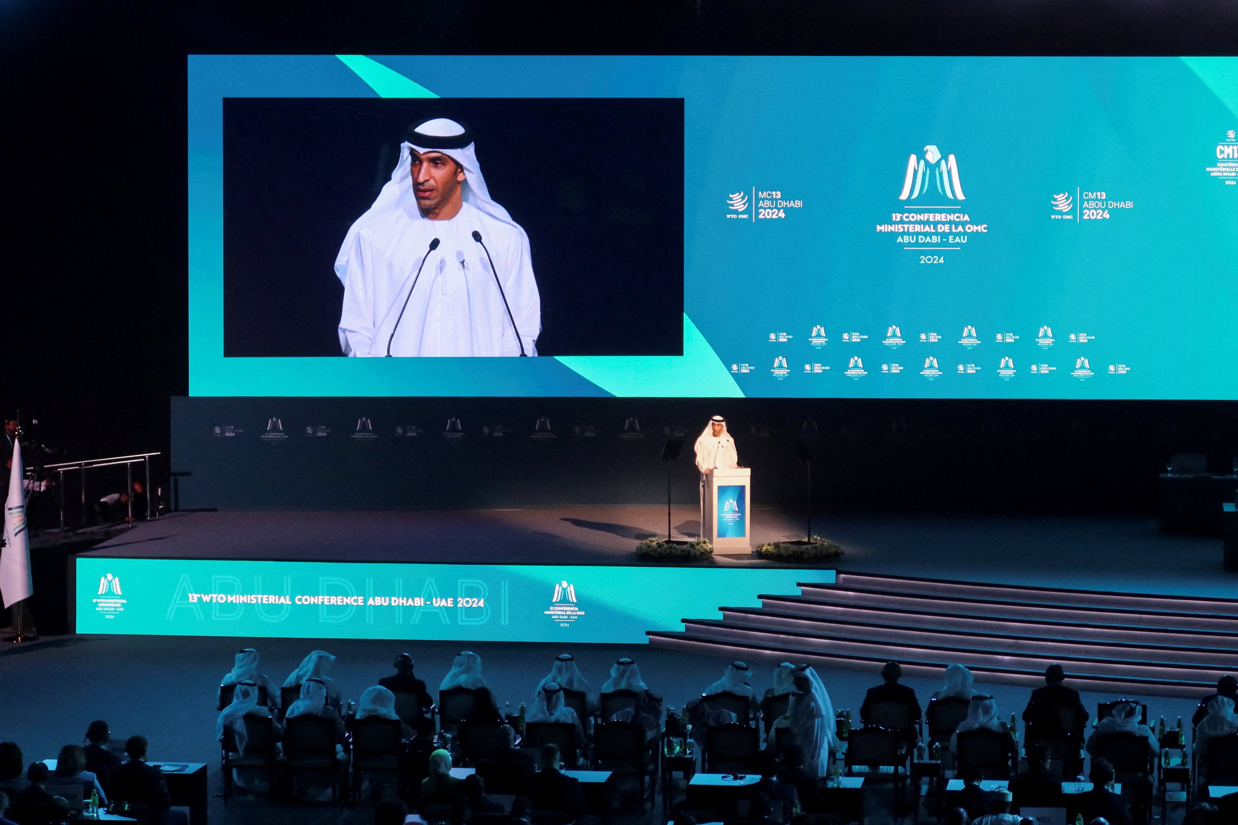 UAE Minister of Foreign Trade Thani Al Zeyoudi speaks during the opening ceremony of the WTO ministerial meeting in Abu Dhabi on Monday. Photo: Reuters