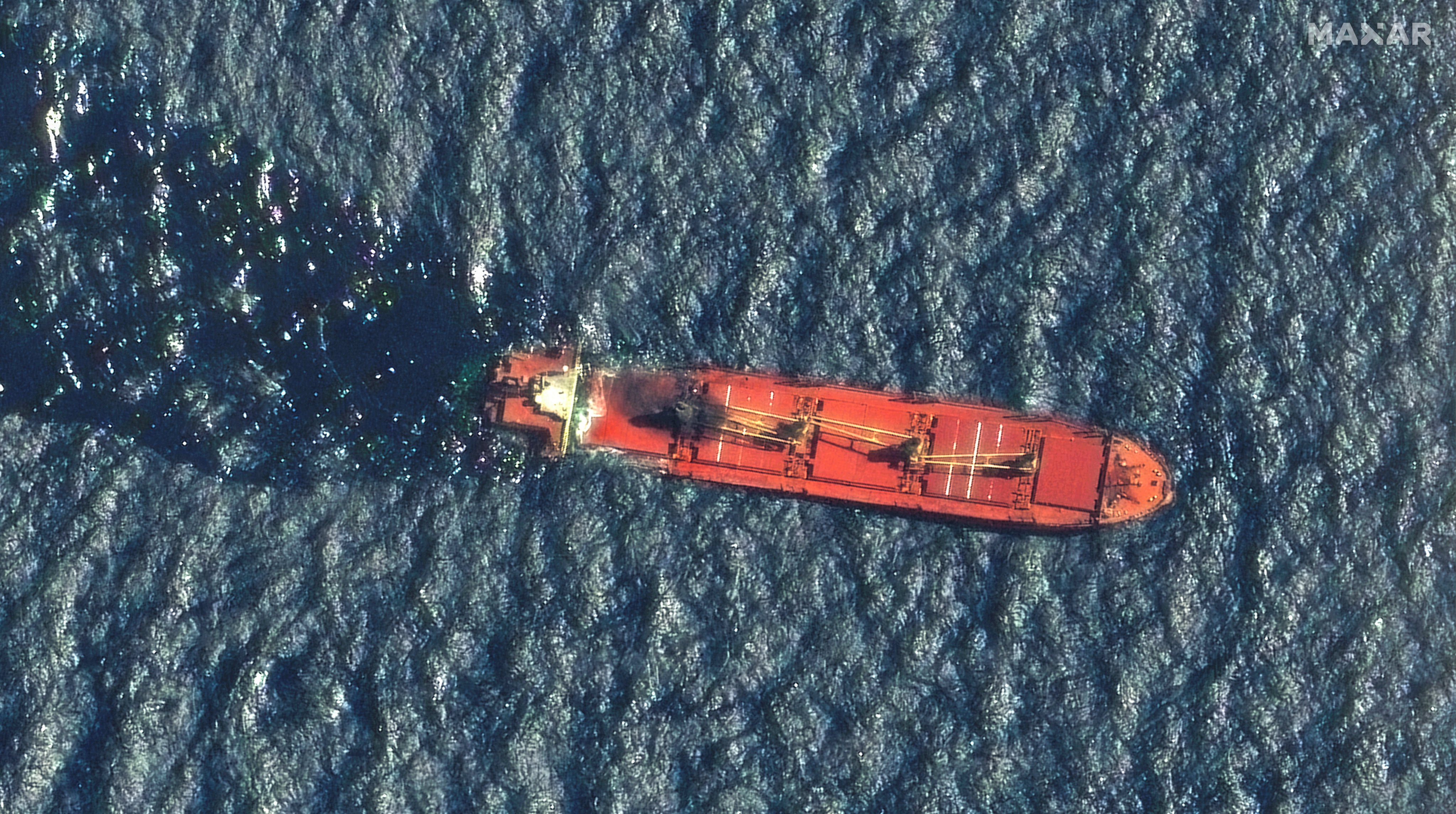The Belize-flagged and UK-owned cargo ship Rubymar, which was attacked by Yemen’s Houthis, sunk after being attacked in the Red Sea. Photo: Maxar Technologies/Handout via Reuters