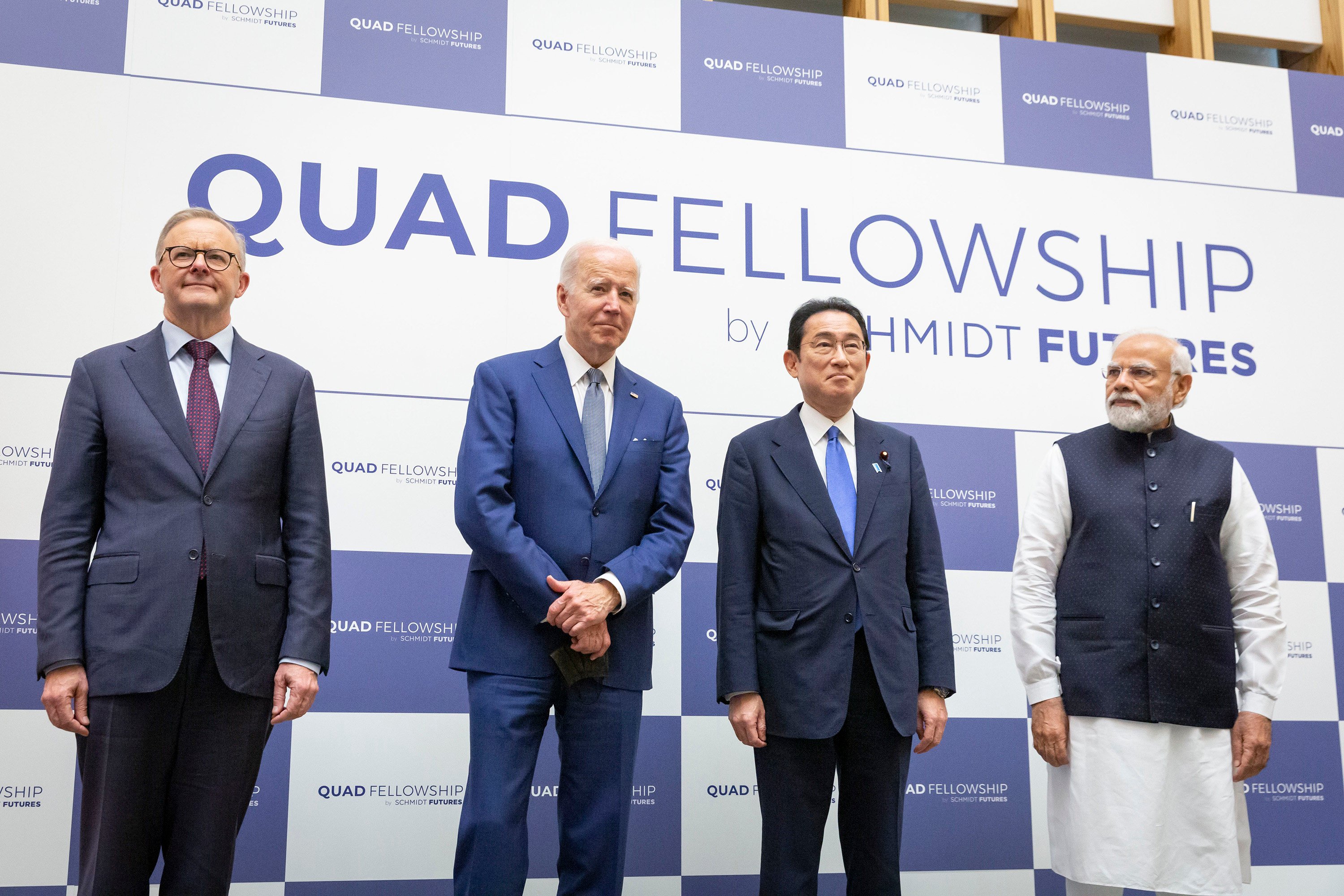 From the left, Australian Prime Minister Anthony Albanese, US President Joe Biden, Japanese Prime Minister Fumio Kishida and Indian Prime Minister Narendra Modi attend the Quad Fellowship Founding Celebration event in Tokyo, on May 24, 2022. Photo: Getty Images/TNS