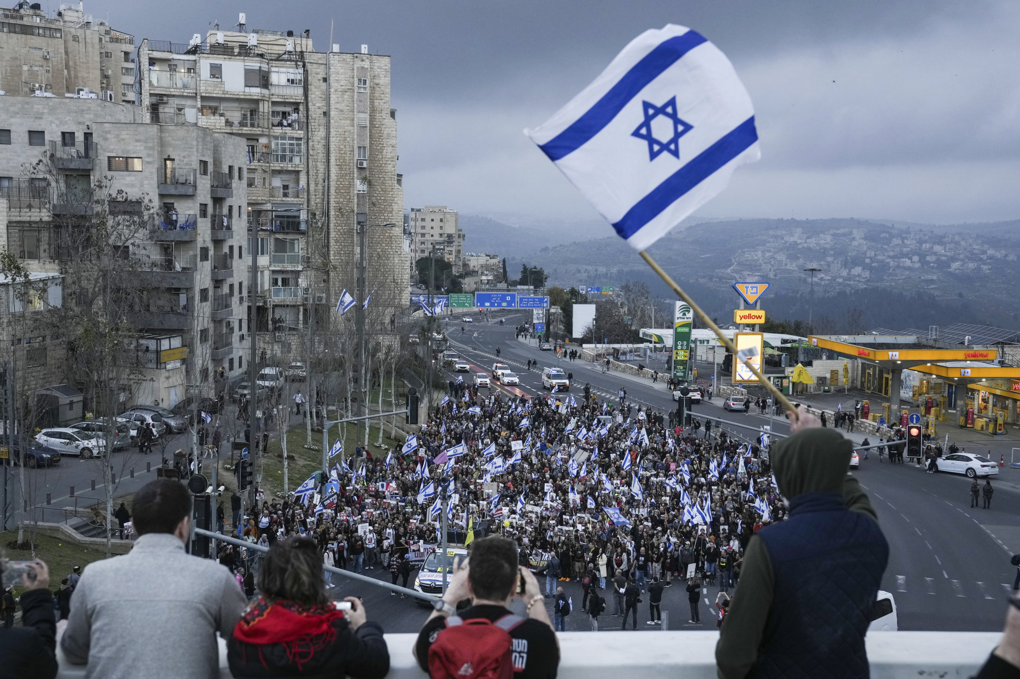 Family and supporters of the hostages held captive by Hamas in Gaza complete the final leg of a four-day march from the Israel-Gaza border to Jerusalem on Saturday. Photo: AP