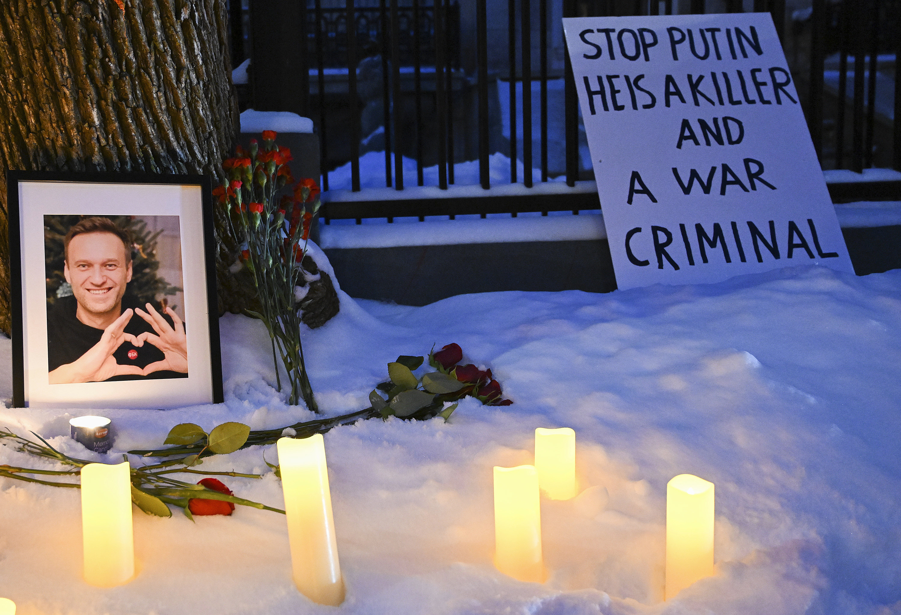 A makeshift memorial for Alexei Navalny outside the Russian consulate in Montreal, Canada. Photo: The Canadian Press via AP