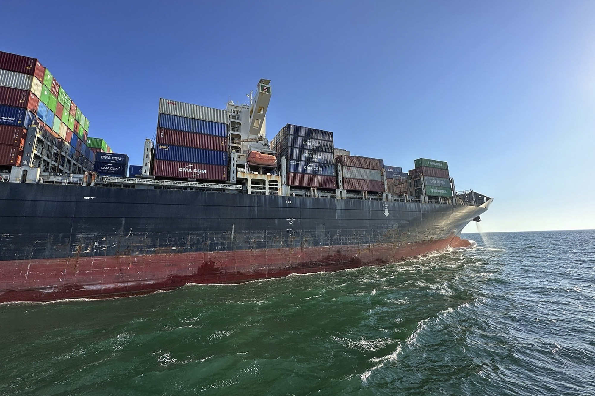 The Hong Kong-flagged container ship Joseph Schulte leaves Odesa port with over 30,000 tonnes of cargo, including food, on August 16 through the temporary corridor established for merchant vessels amid the war in Ukraine. Photo: Ukraine’s Infrastructure Ministry Press Office via AP