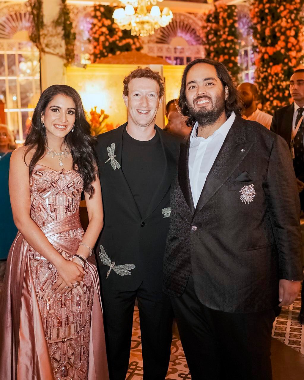 Mark Zuckerberg, centre, poses for a photograph with billionaire industrialist Mukesh Ambani’s son Anant Ambani, right, and Radhika Merchant at their pre-wedding bash in Jamnagar, India on Saturday. Photo: Reliance group via AP
