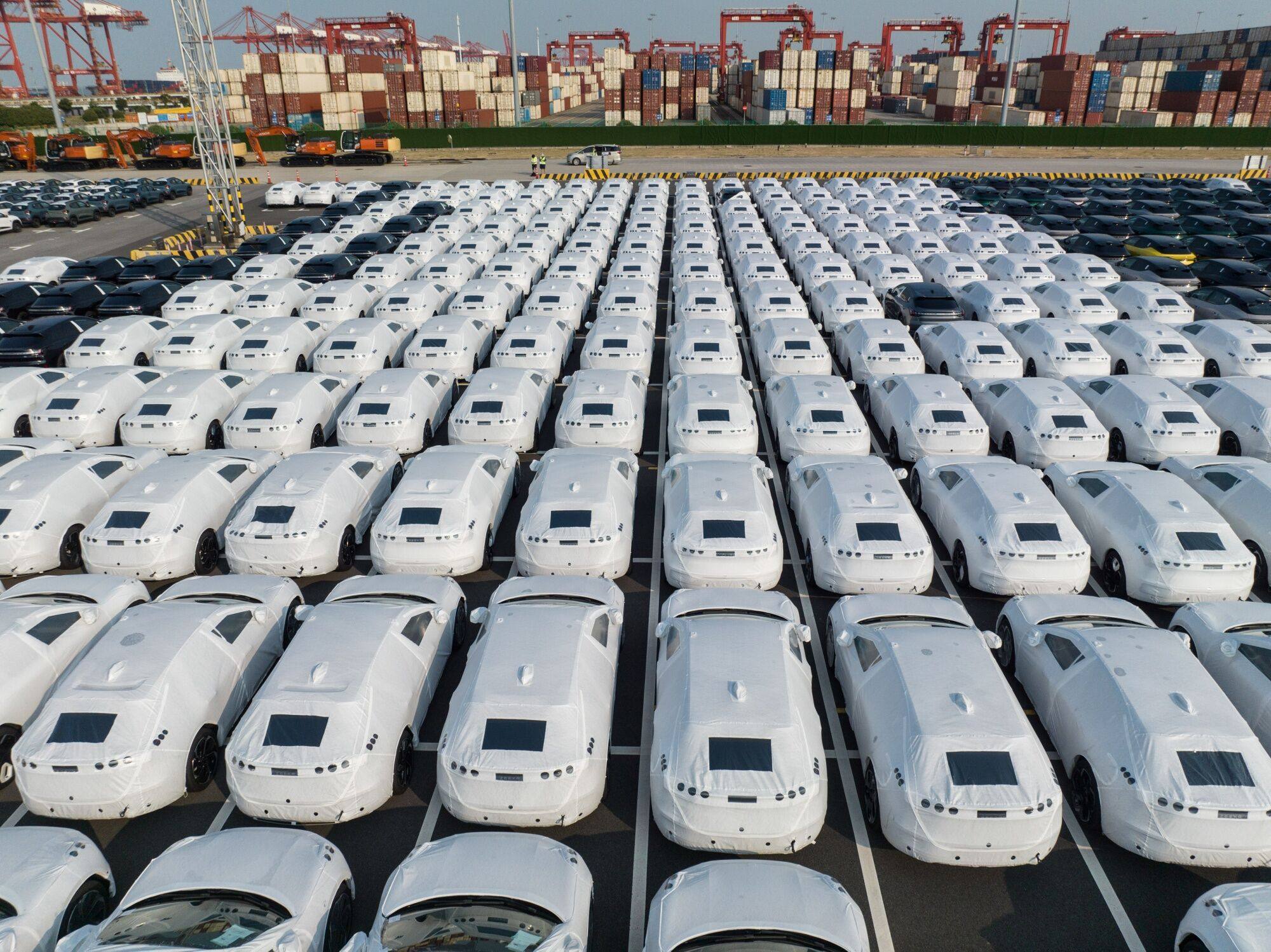 EVs made by China’s Geely Automobile Holdings in Jiangsu province bound for Europe are seen in this file photo from August 2023. Photo: Bloomberg