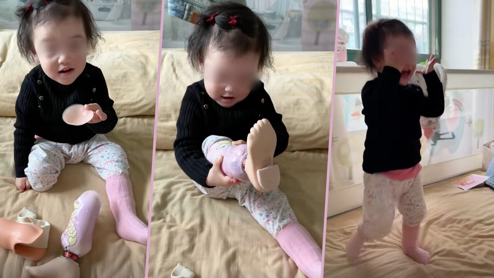 A brave one-legged toddler in China has captivated mainland social media in a video in which she successfully puts on her own prosthetic limb for the first time. Photo: SCMP composite/Douyin