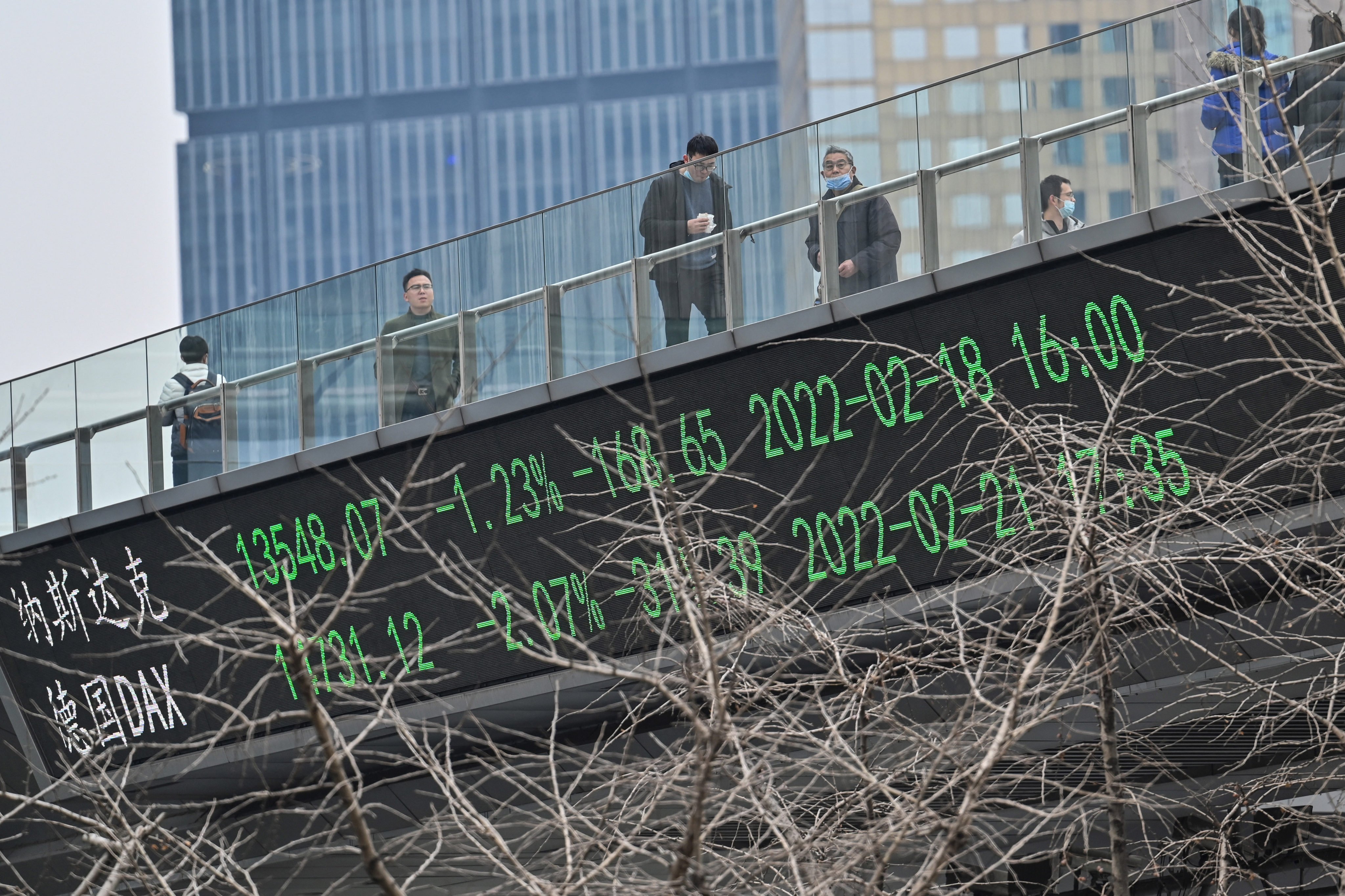 People cross a bridge with an electronic board showing stock prices in the financial district of Shanghai on February 22, 2022. Photo: AFP