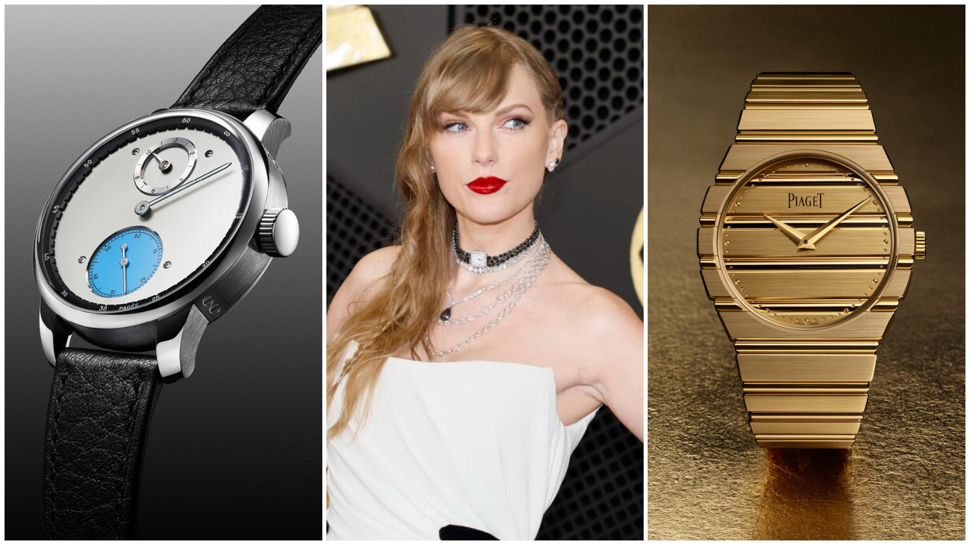 From left to right: Raul Pages’ RP1 Regulateur a Detente wins the inaugural Louis Vuitton Watch Prize for Independent Creatives; Taylor Swift wears a custom Lorraine Schwartz watch choker to the Grammy Awards; Piaget throws it back by releasing the Polo 79. Photos: Handout