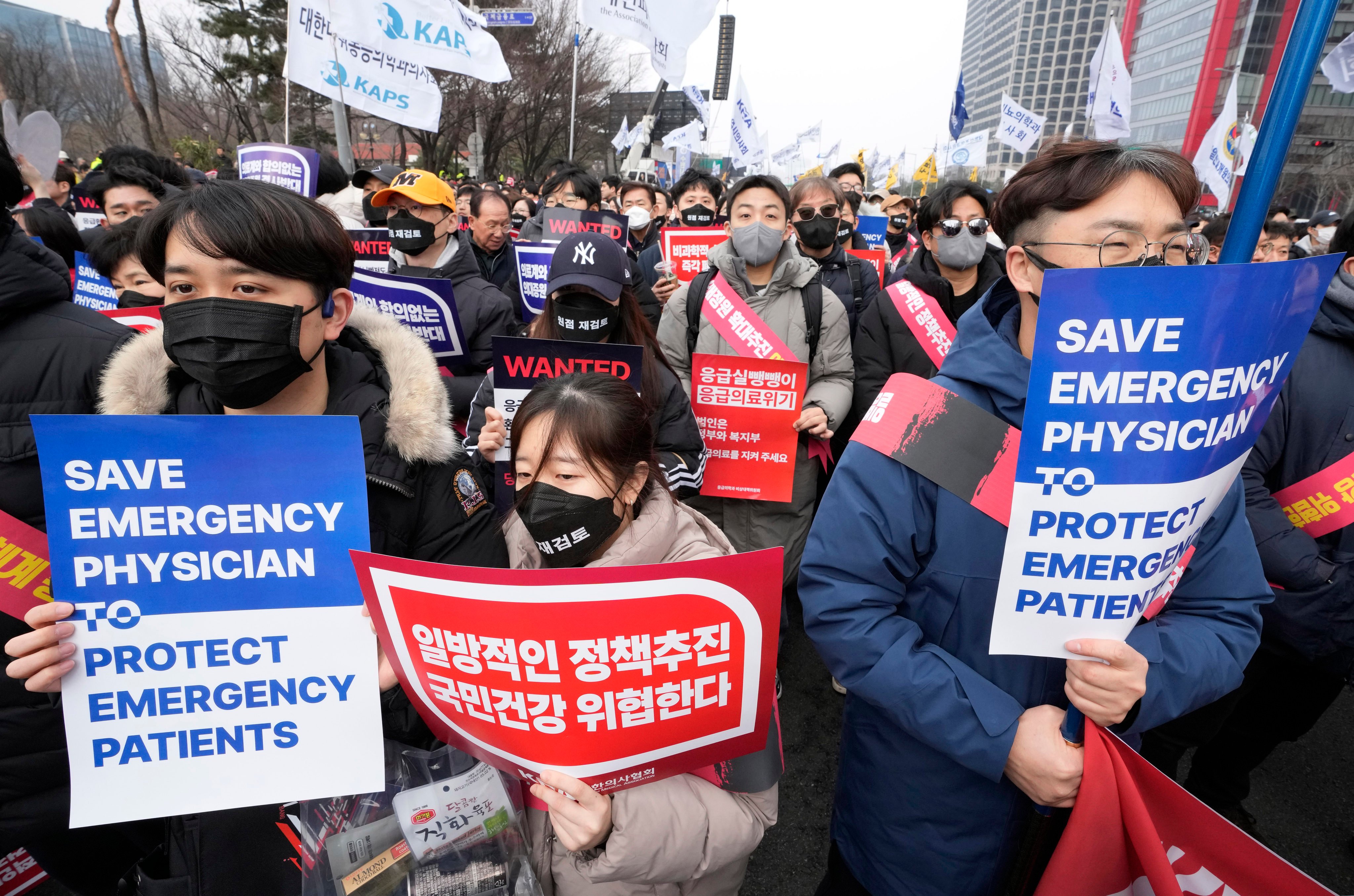 Doctors protest against the government’s medical policy in Seoul on March 3. Photo: AP