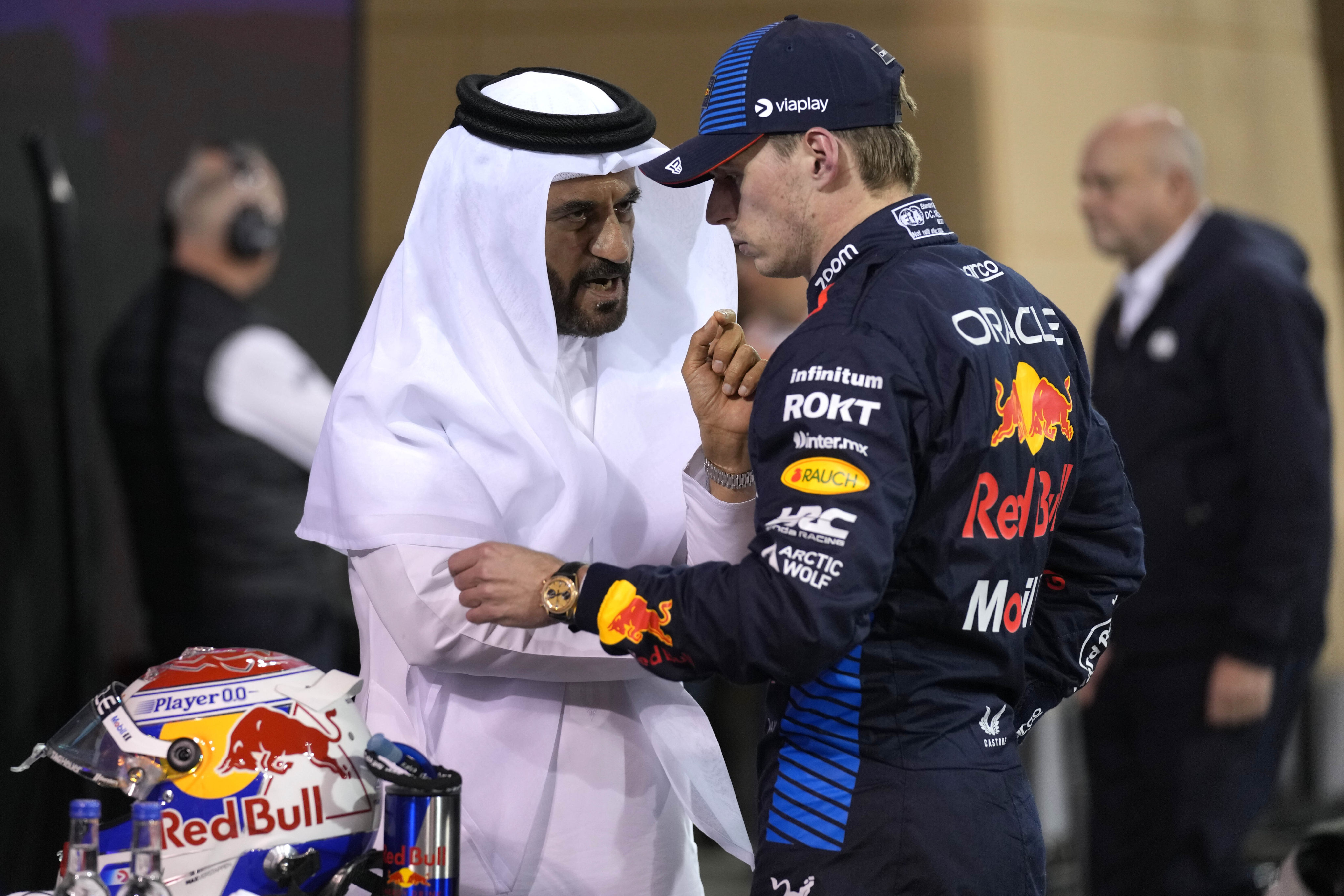 FIA president Mohammed Ben Sulayem with Red Bull driver Max Verstappen before the season-opening Bahrain Grand Prix, which the Dutchman won. Photo: AP