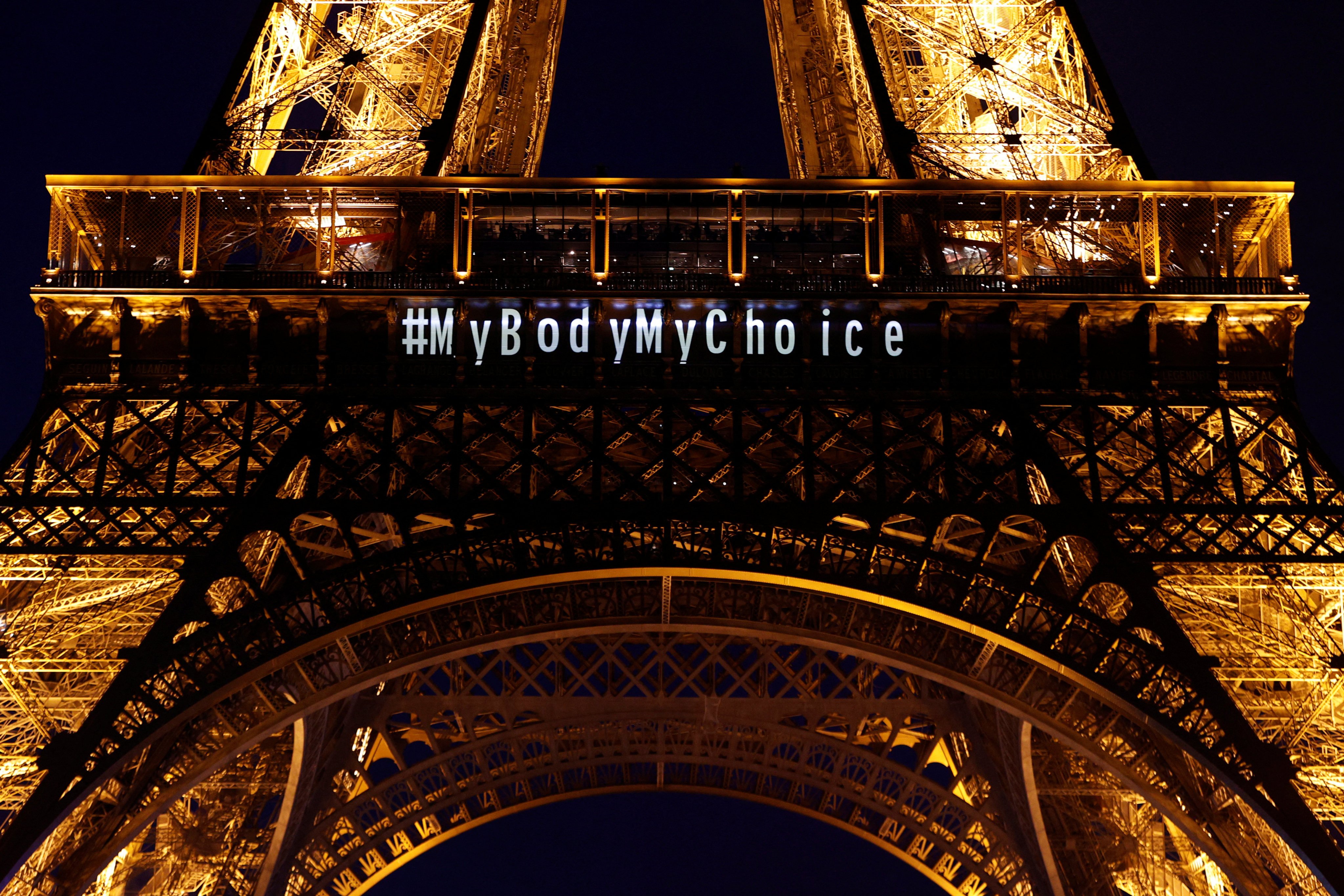 The Eiffel Tower lights up with the message #MyBodyMyChoice after French lawmakers enshrined the right to abortion in its constitution. Photo: Reuters 