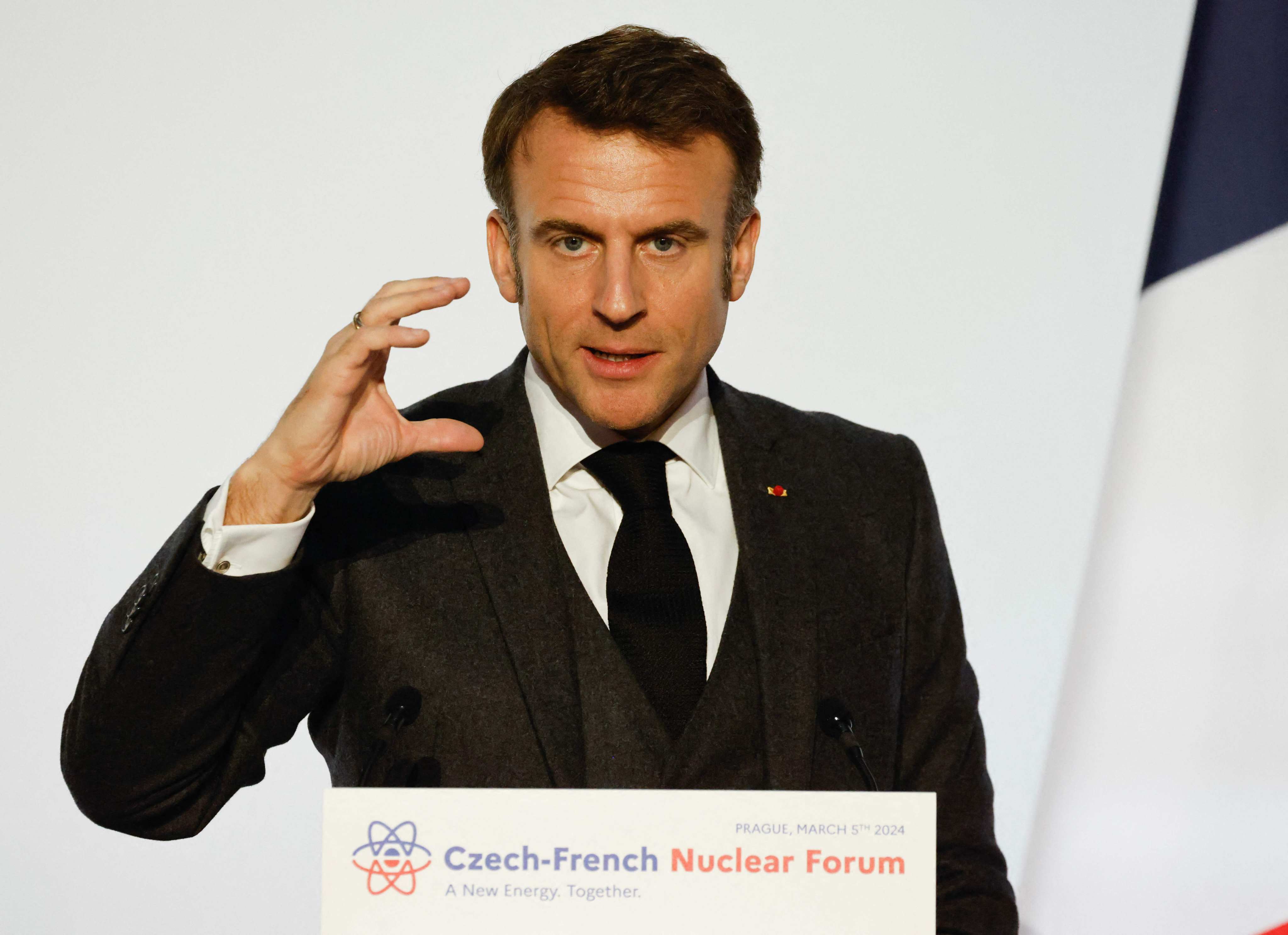 French President Emmanuel Macron delivers a speech at the Czech-French Nuclear Forum in Prague on Tuesday. Photo: AFP