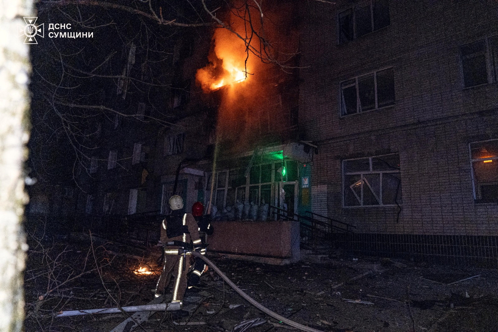 Firefighters work at the site where an apartment building was damaged by a Russian drone strike on Wednesday. Photo: SUMY: Handout/Reuters