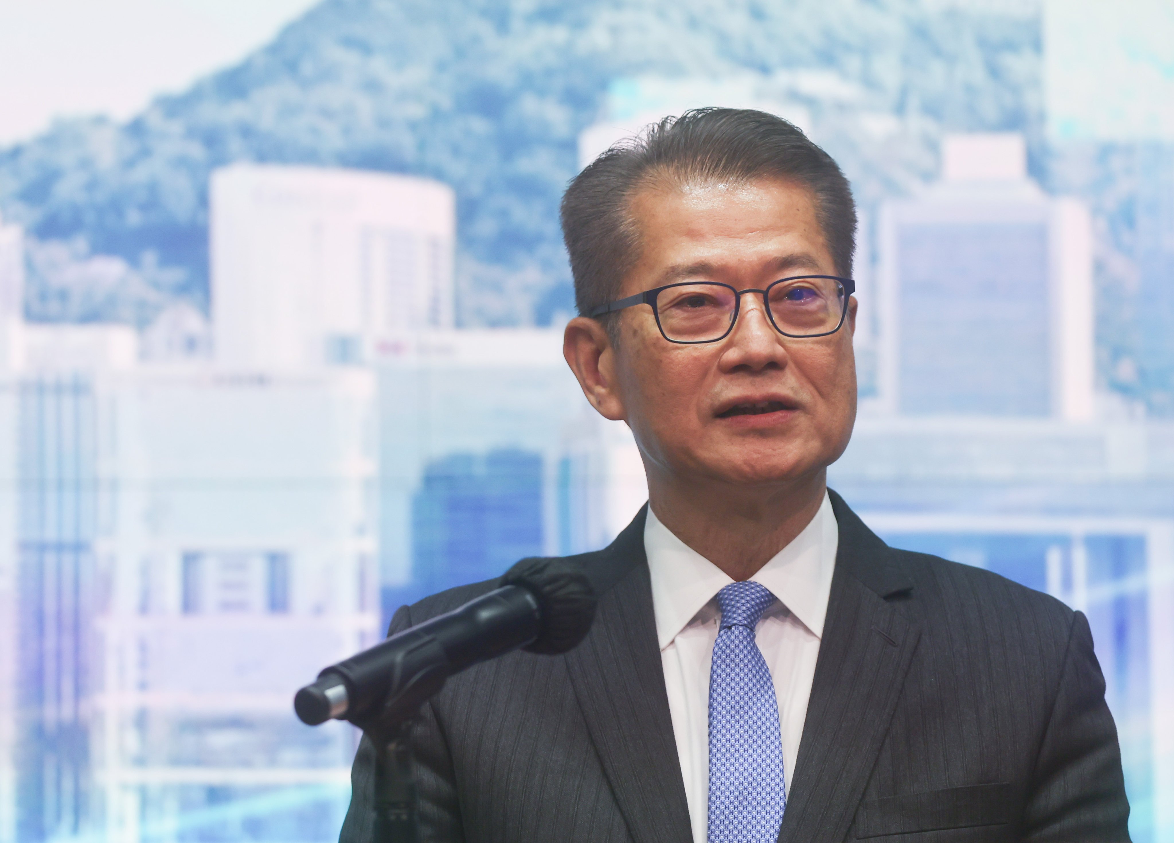 Hong Kong’s Financial Secretary, Paul Chan Mo-po, addresses the launch ceremony of the city’s “Financial Mega Event Week” at the Central Government Offices in Tamar on March 7, 2024. Photo: Edmond So