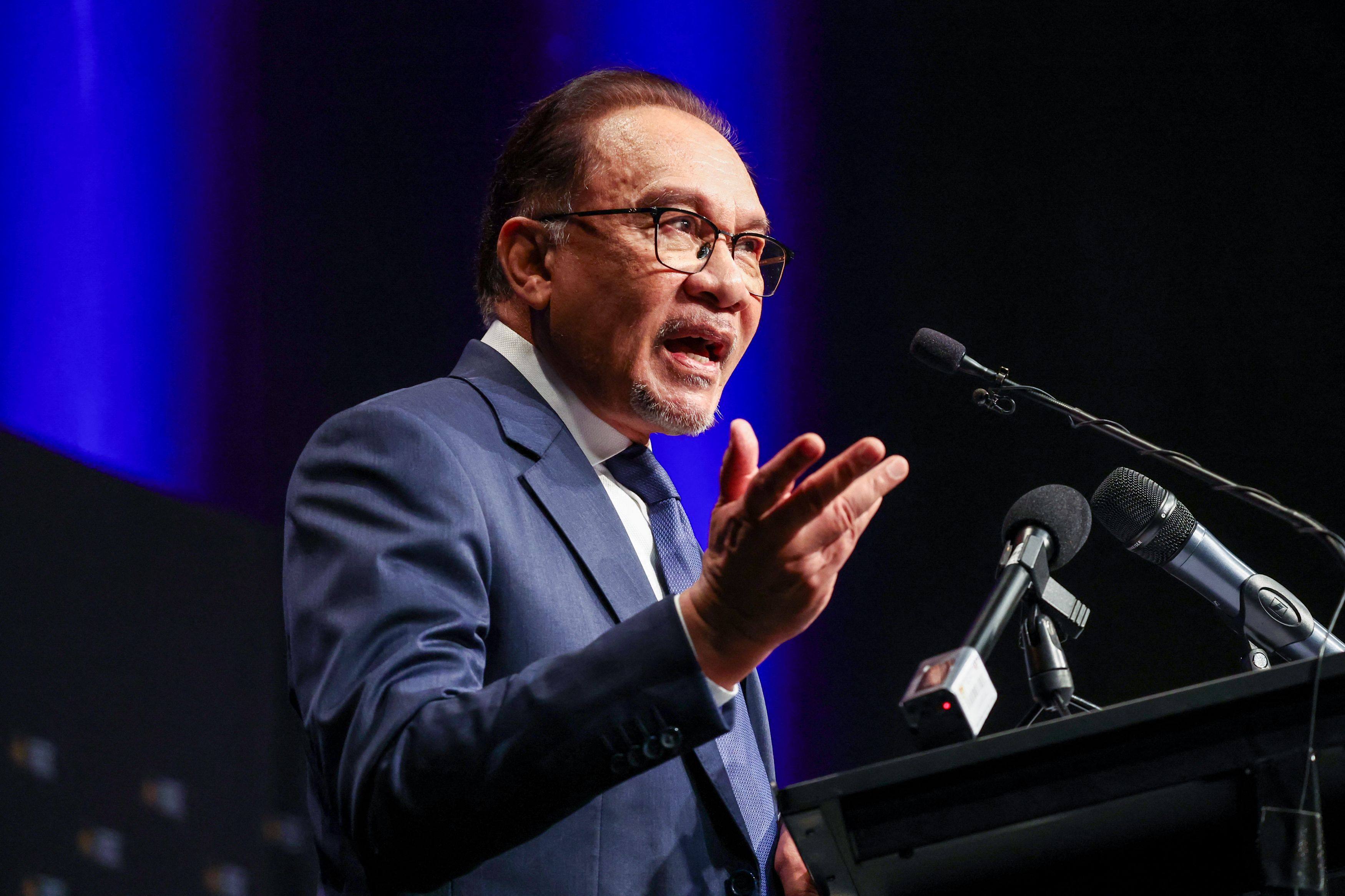 Malaysia’s Prime Minister Anwar Ibrahim speaks at the Australian National University in Canberra on Thursday. Photo: AFP 