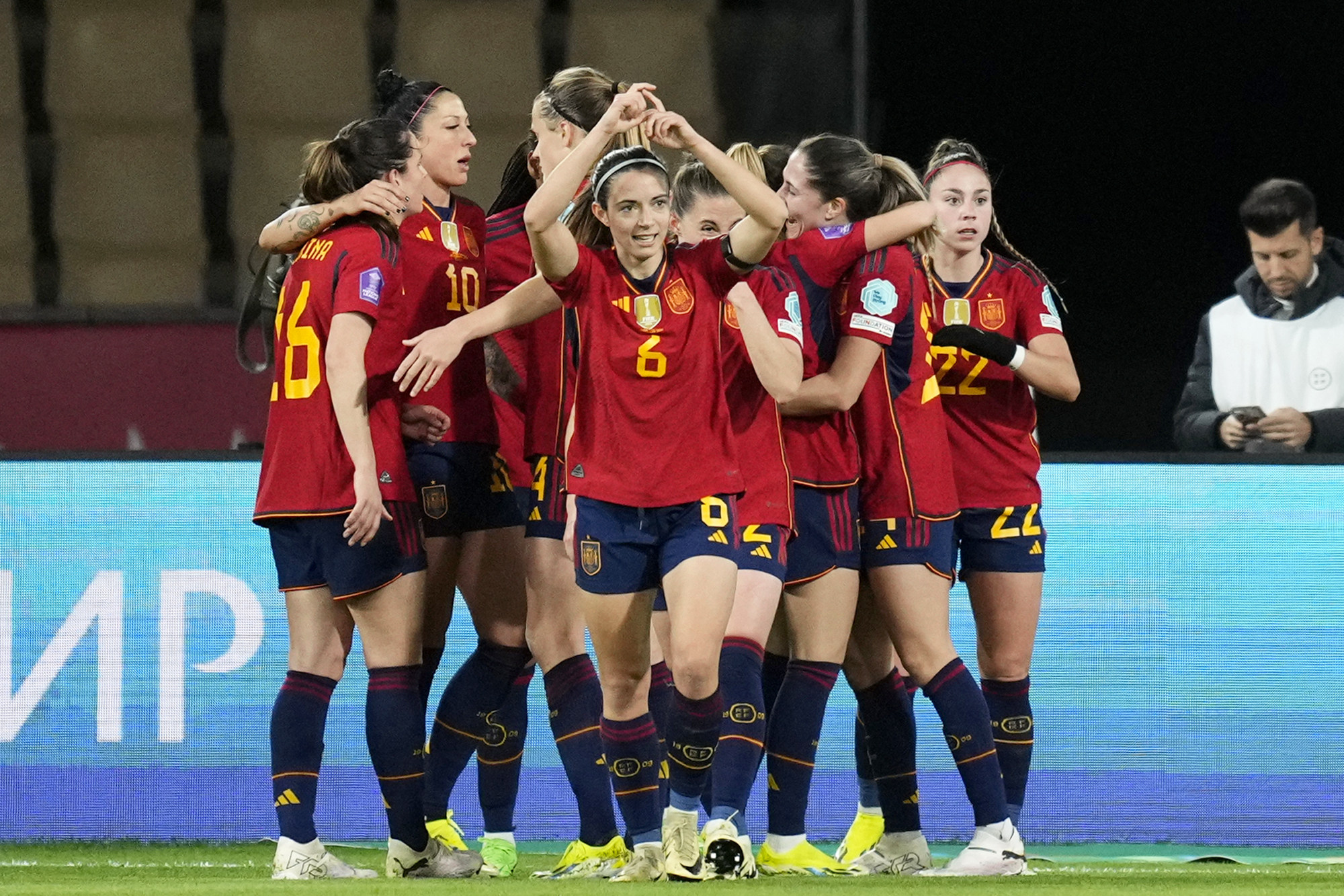 Spain’s Aitana Bonmati (front) celebrates scoring in the Women’s Nations League final last month. Photo: AP