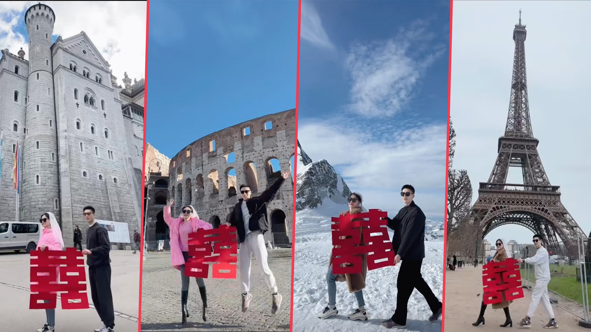 A newlywed couple from China opted for an inexpensive wedding ceremony at home, then set off on a honeymoon tour of Europe with a giant, red paper cut-out sign of the Chinese character for “Double Happiness”. Photo: SCMP composite/Douyin