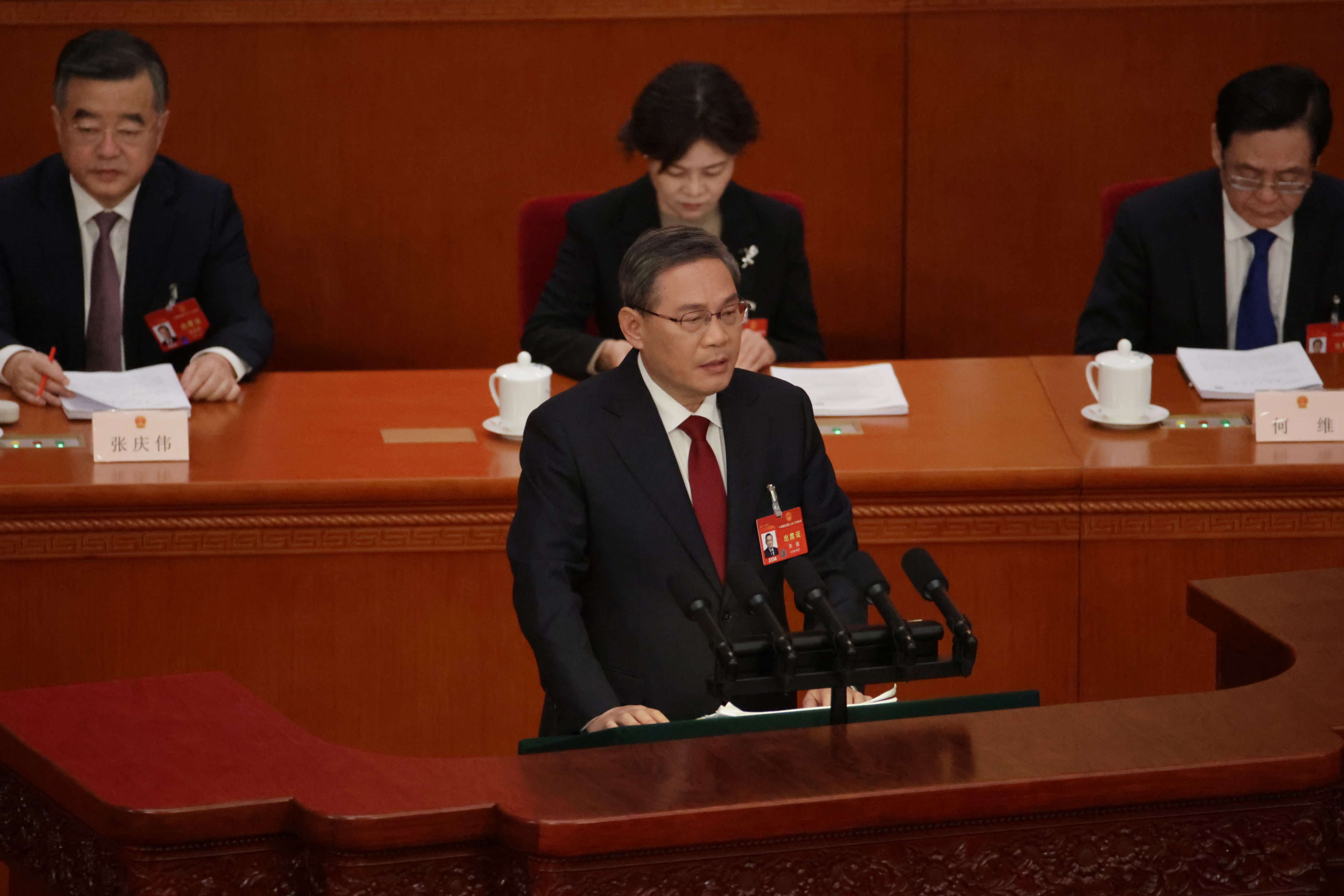 Premier Li Qiang delivers his government work report during the opening ceremony of the second session of the 14th National People’s Congress at the Great Hall of the People in Beijing on March 5. Photo: EPA-EFE