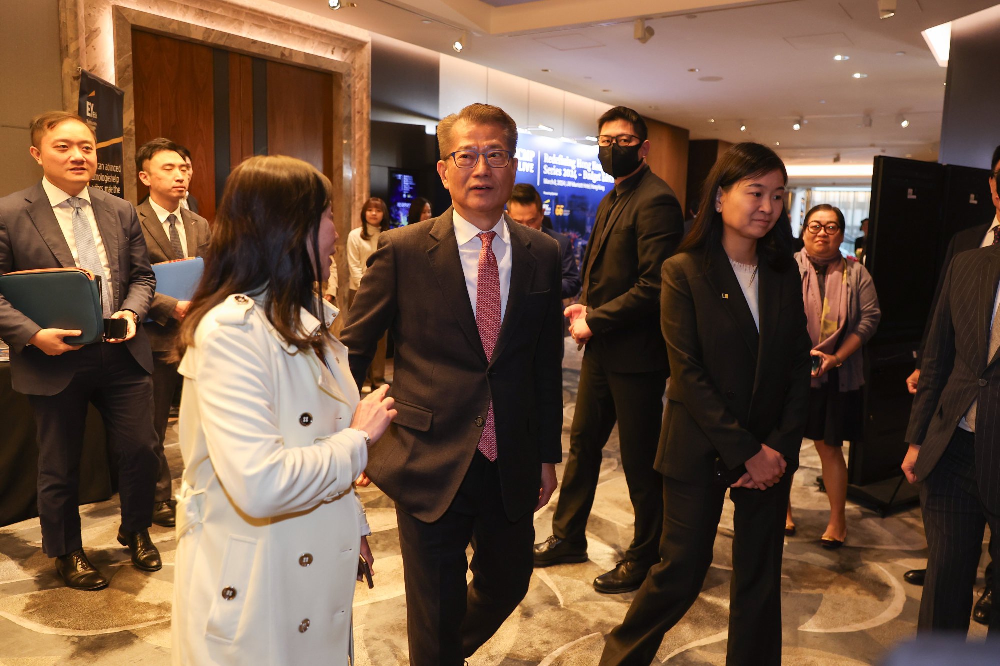 (From left to right) Tammy Tam, editor-in-chief of the Post; Paul Chan, financial secretary and Catherine So, CEO of the Post at “Redefining Hong Kong: Budget Edition”.